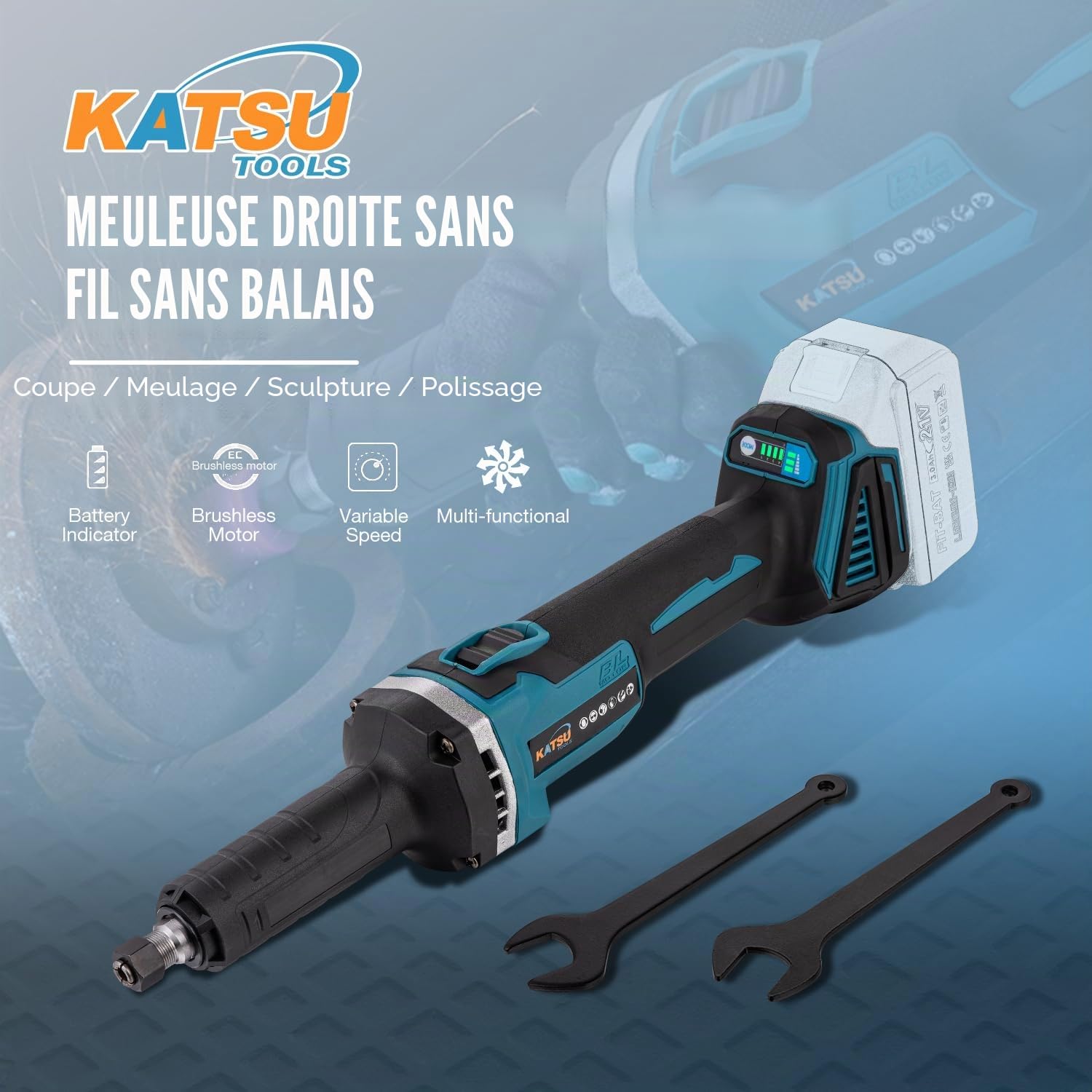 KATSU FIT-BAT 21V Brushless Meuleuse Droite sans Fil, avec Moteur sans Balais, Mandrin de 6mm et 4 Vitesses Variables, sans Batterie ni Chargeur 102319