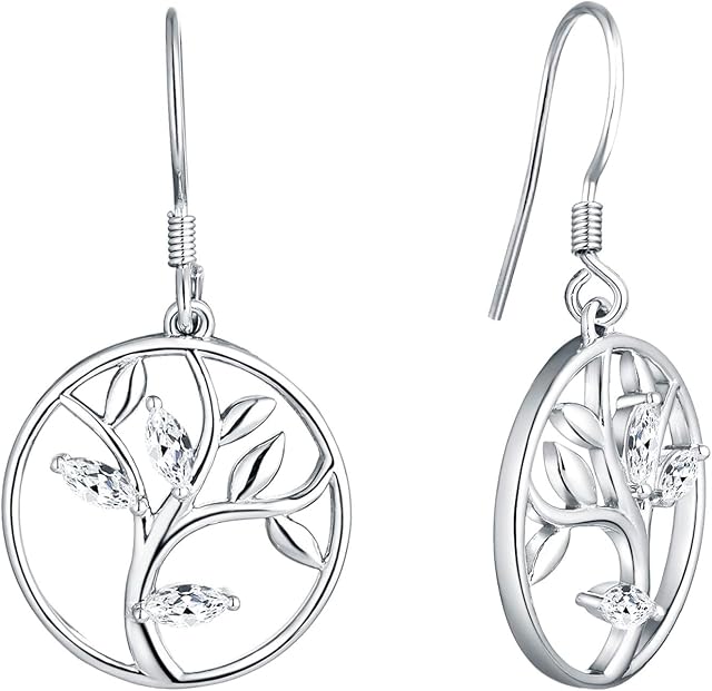 YL Tree of Life Earrings 925 Sterling Silver 3A Cubic Zirconia Family Tree Dangle Drop Earrings