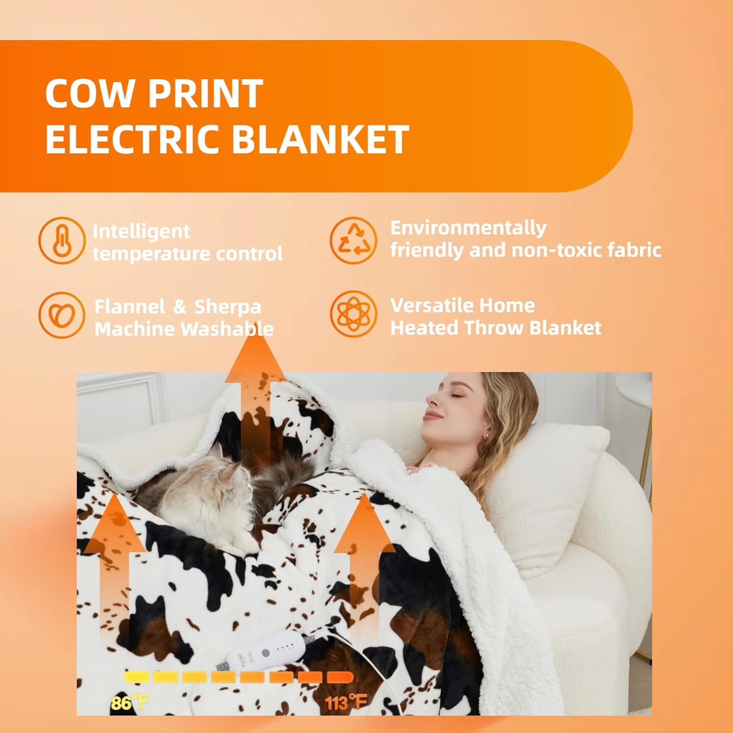 Heated Throw Blanket Cow Print Electric Blanket, Heating Blanket with 4 Heat Levels & 4-Hour Auto Shut-Off, Soft Flannel Sherpa Electric Throw, Machine Washable (White Cow Print, Throw) - Image 5