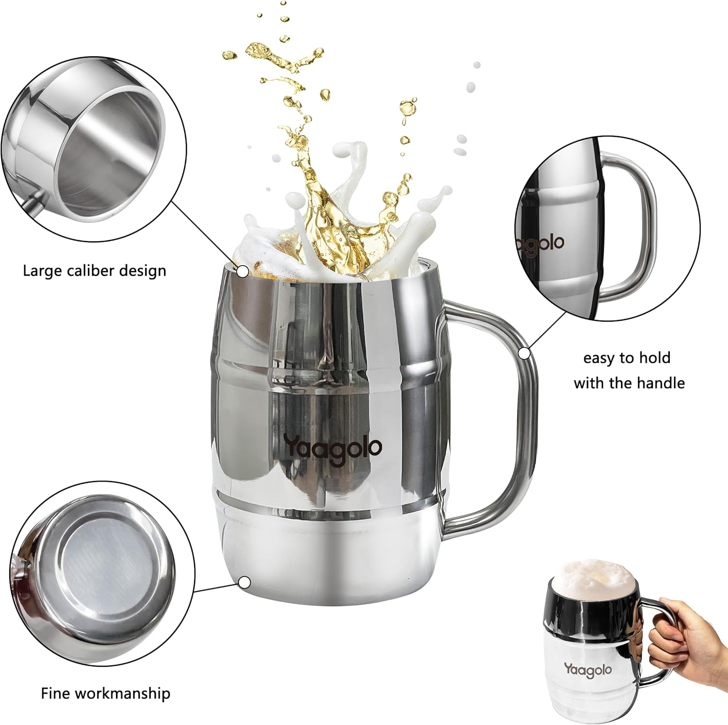 Insulated Beer Stein, 32oz Stainless Steel Double Walled Beer Mug Giant Bar Drinkware Metal Beer Cup with Big Grip Handle (32oz 1pack) - Image 2