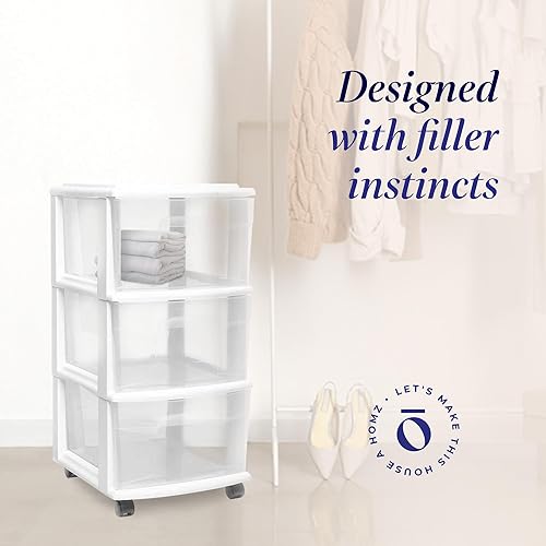 Vista 4 de HOMZ Drawer Tower, 3-Tier Clear Plastic Storage Organizer Cart, White Frame - Heavy-Duty Organizing Drawers for Home, Bedroom, and Closet Blanco