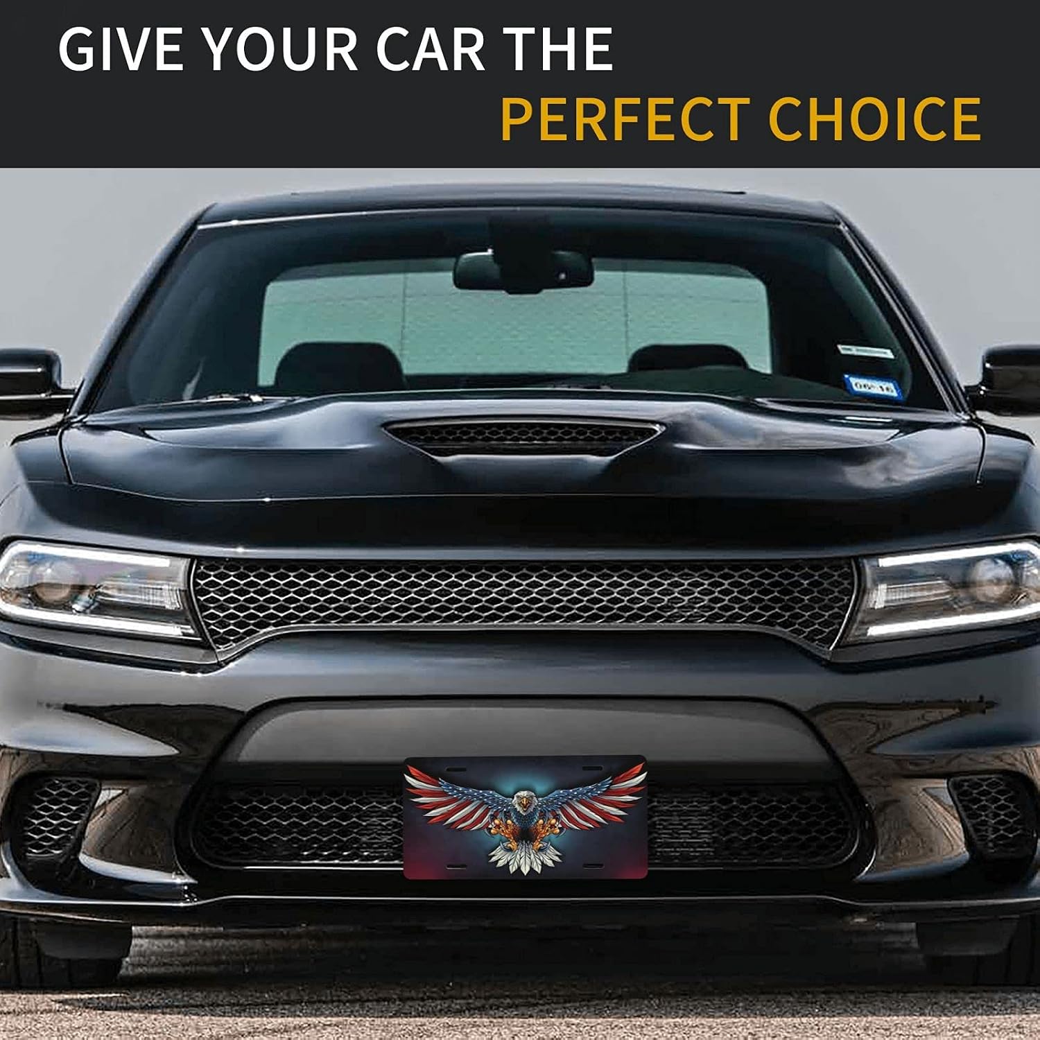 American Flag Eagle Flying License Plate Decorative Car Front License Plate Cover Vanity Tag Metal Car Plate Aluminum Novelty License Plate for Men/Women Car 6 X 12 Inch
