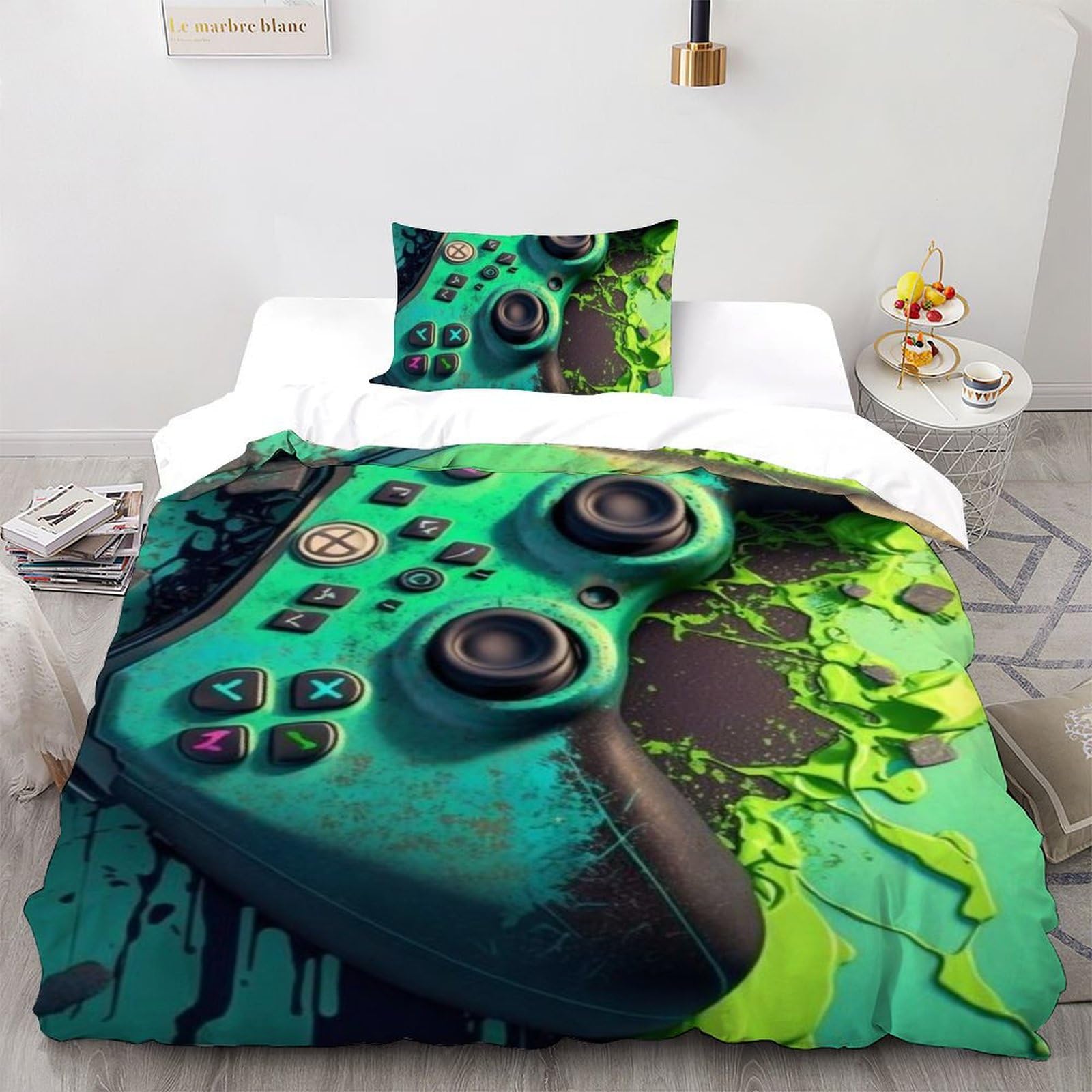 Housse de Couette Verte Literie avec Poignée et Motif 3D Cool