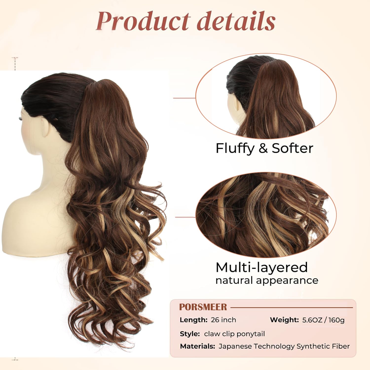 PORSMEER Ponytail Hair Extension Claw Clip in Ponytail Extensions Long Curly Wavy Ponytail Hair Extension Jaw Clip on Pony Tails Hairpiece for Women 26 inches (Chestnut Brown with Golden Highlights) - Image 4