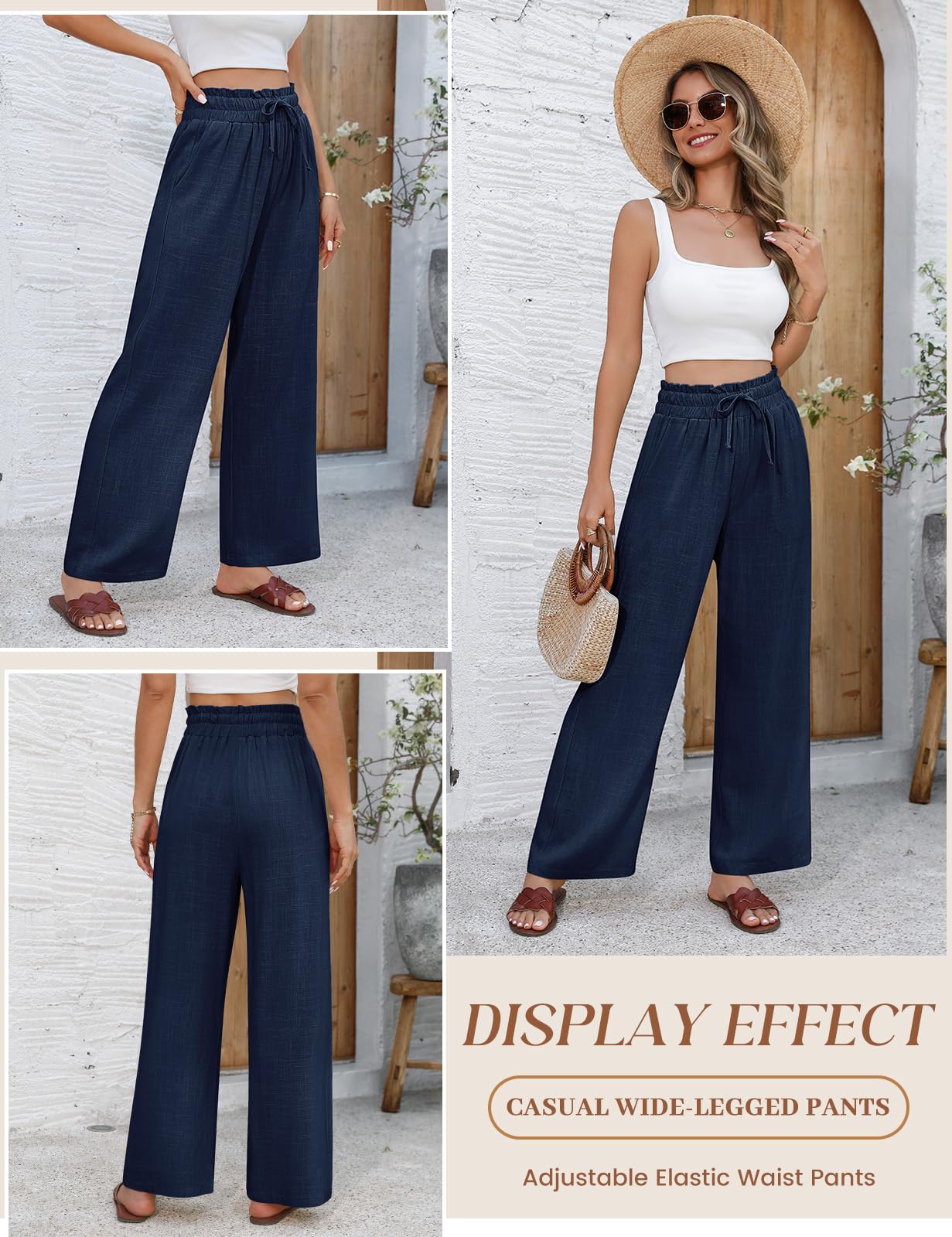 Pantalones Mujer Verano Lino Algodón Cintura Alta Elástica Anchos Casual