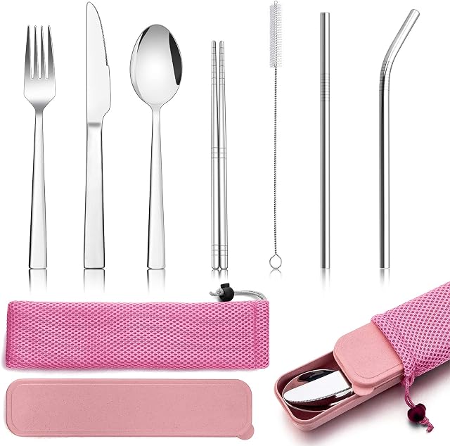 9 Piece Travel Cutlery Sets, Homikit Stainless Steel Camping Cutlery Set for 1, Including Silver Fork Knife Spoon, Chopsticks, Metal Straws, Cleaning Brush, Case & Bag, Portable & Reusable - Pink