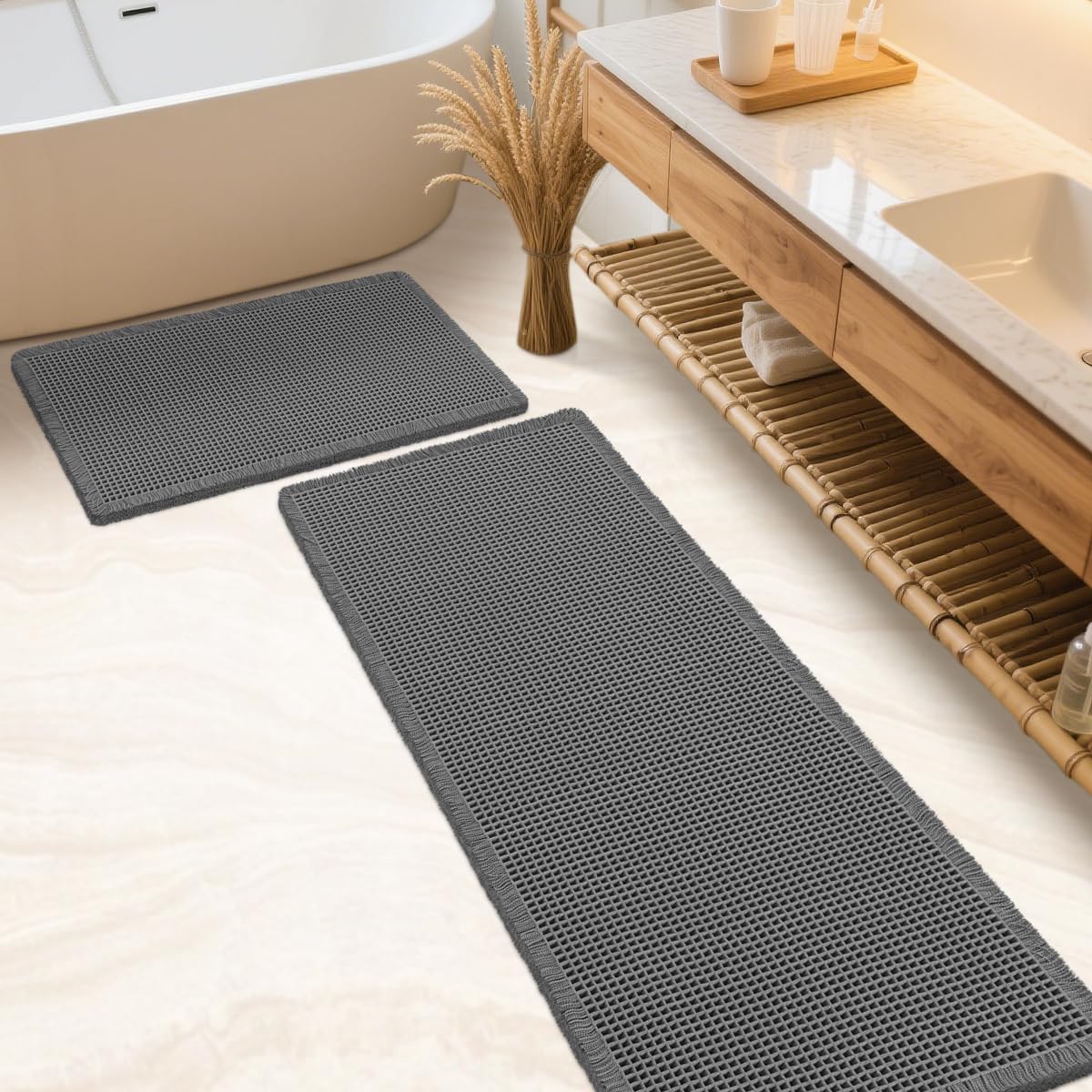 IM HOME Waffle Bath Mat Set 2 Piece Grey,Woven Modern Bath Rug Mats, Absorbent Non Slip Bath Floor Mat, Soft Washable Boho Bath Rugs with Tassels for