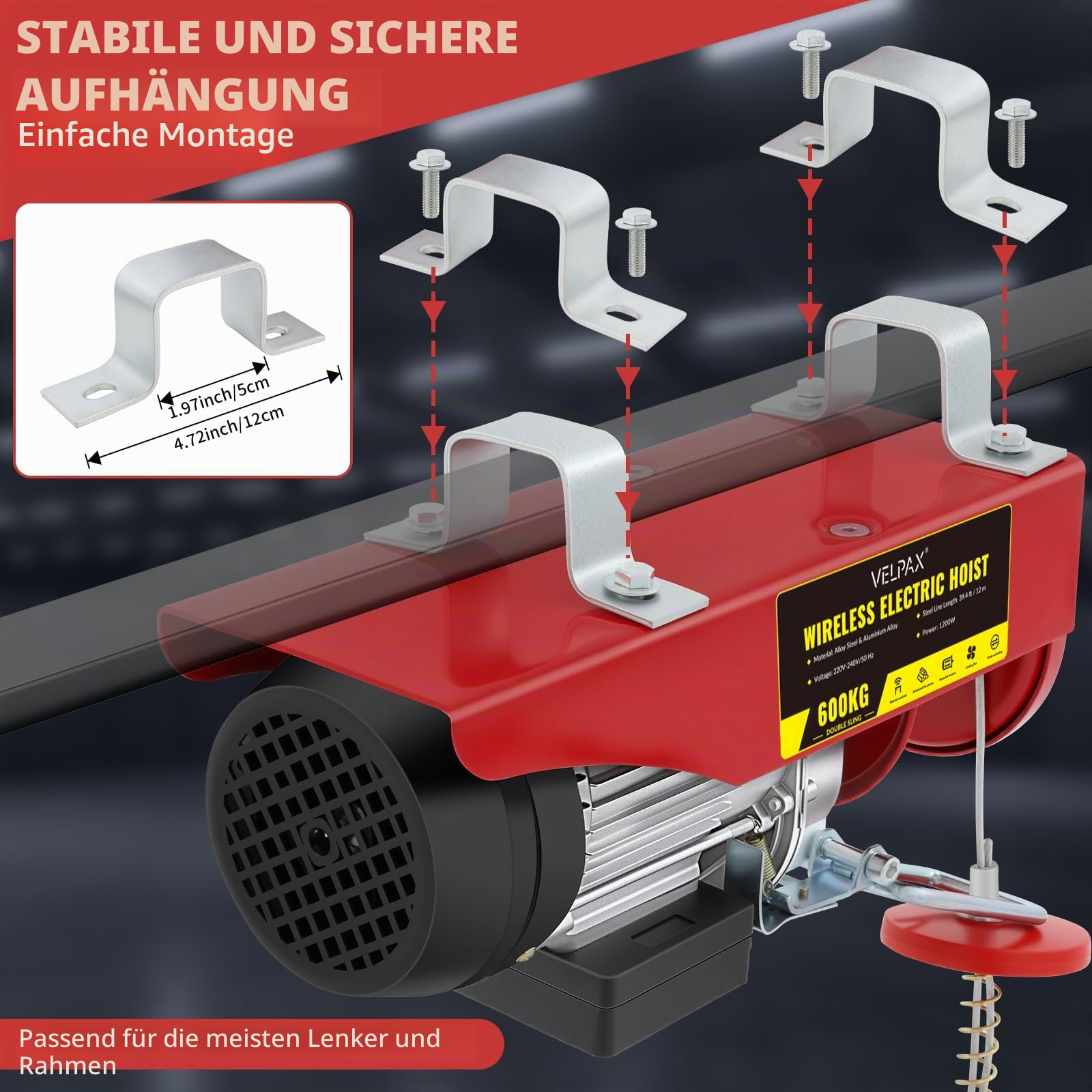 Elektrische Seilwinde 300kg bis 600kg,1200 W Seilwinde Elektrisch, Hubhöhe 12 m,Hubgeschwindigkeit 10 m/min,kettenzug elektrisch, mit kabelgebundener Fernbedienung
