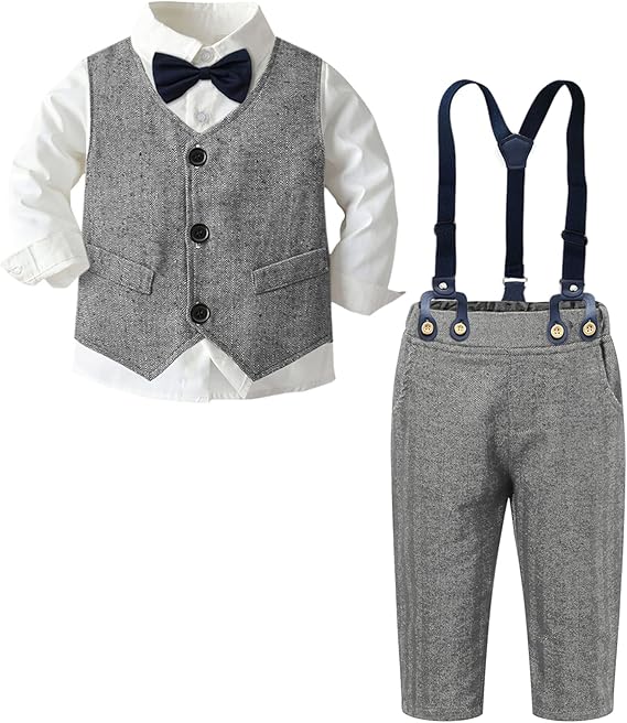 SANGTREE Boys Gentleman Outfits Suit Set with Detachable Suspenders, 3 Months -9 Years