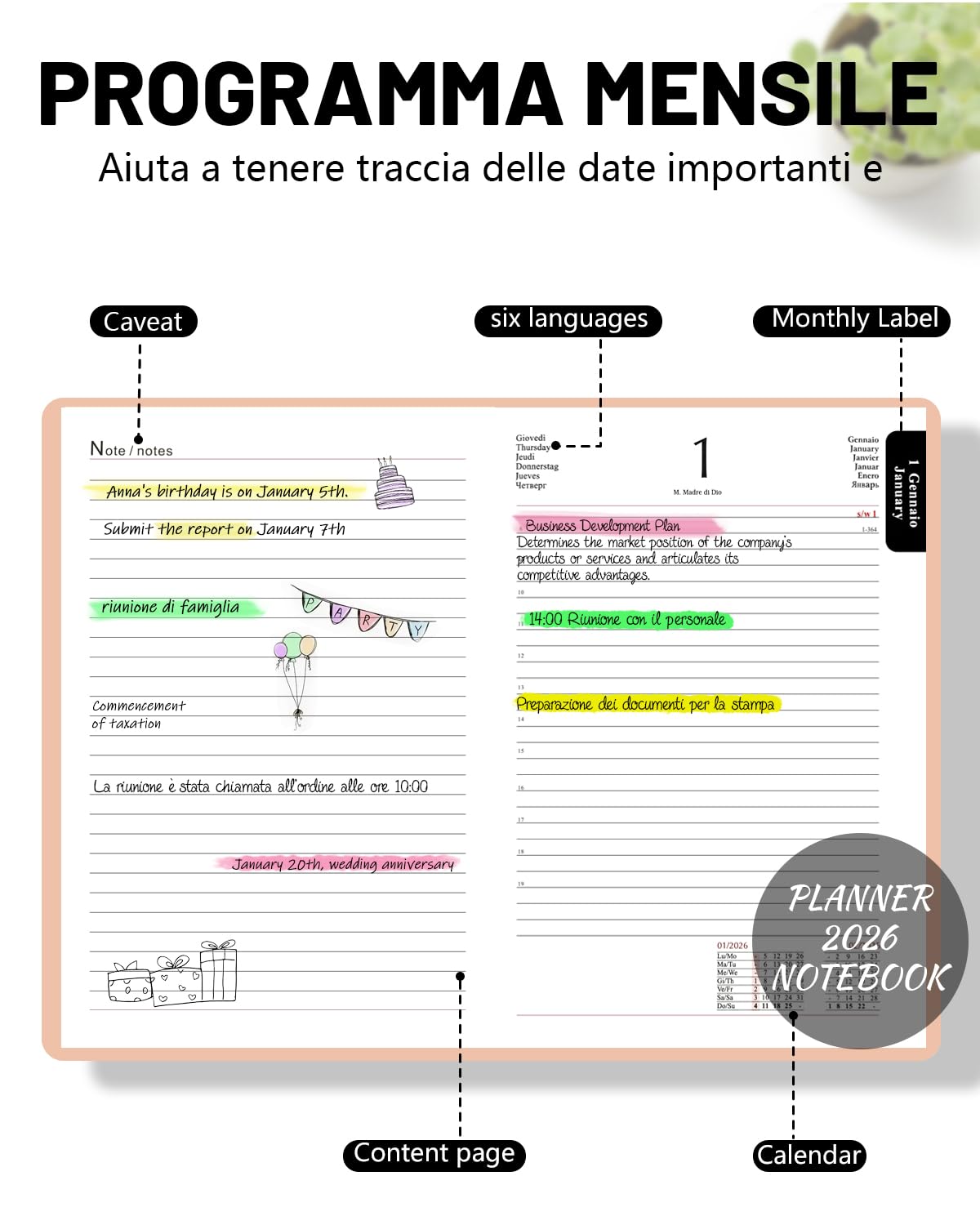 400 Pagine HW CASA Agenda 2026 Giornaliera A5,Festività (DE/IT/ES/EN/FR), Passante e Portapenna | Festività (DE/IT/ES/EN/FR), Riepiloghi Mensili | Gennaio-Dicembre