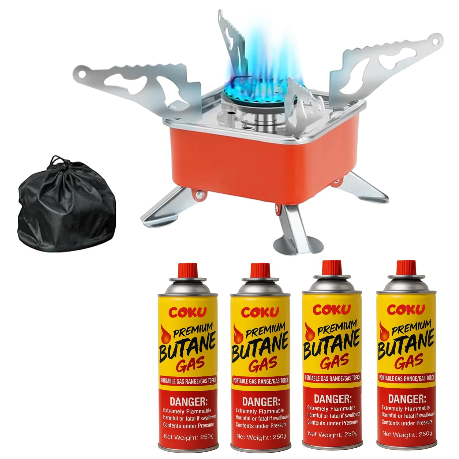 Coku Portable Camping Gas Stove with Cylinder Mini Powerful Butane Gas for Travelling Portable Lightweight Burner for Emergency Use, Hiking, Outdoor Travel Stove with 4 Butane Gas Refill