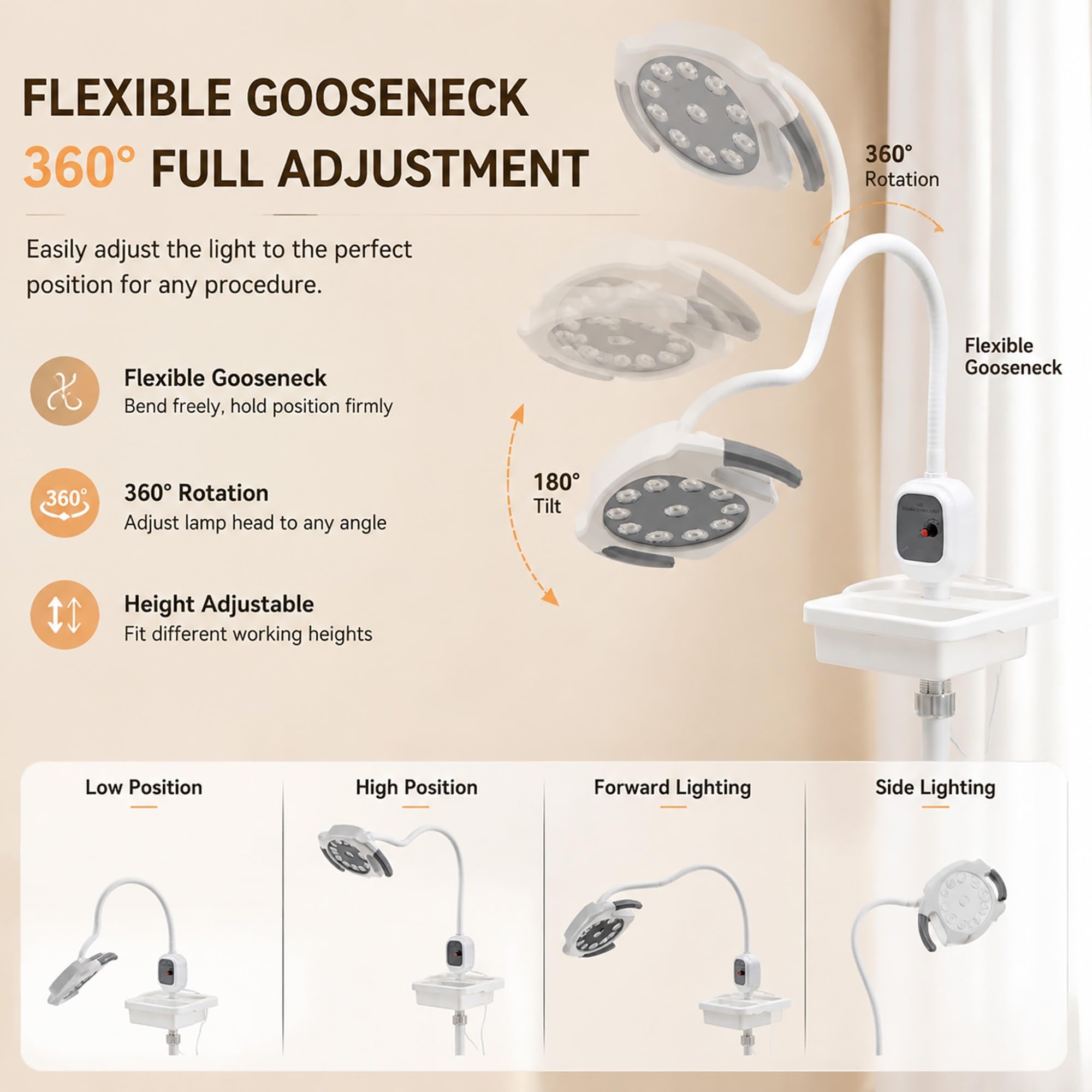 Lampada da Visita Chirurgica LED 12W, Lampada per Visita Ginecologica | Luce Fredda Mobile Senza Ombre con Collo di Cigno Flessibile per Studi Dentistici, Orali e Ambulatori Ginecologici
