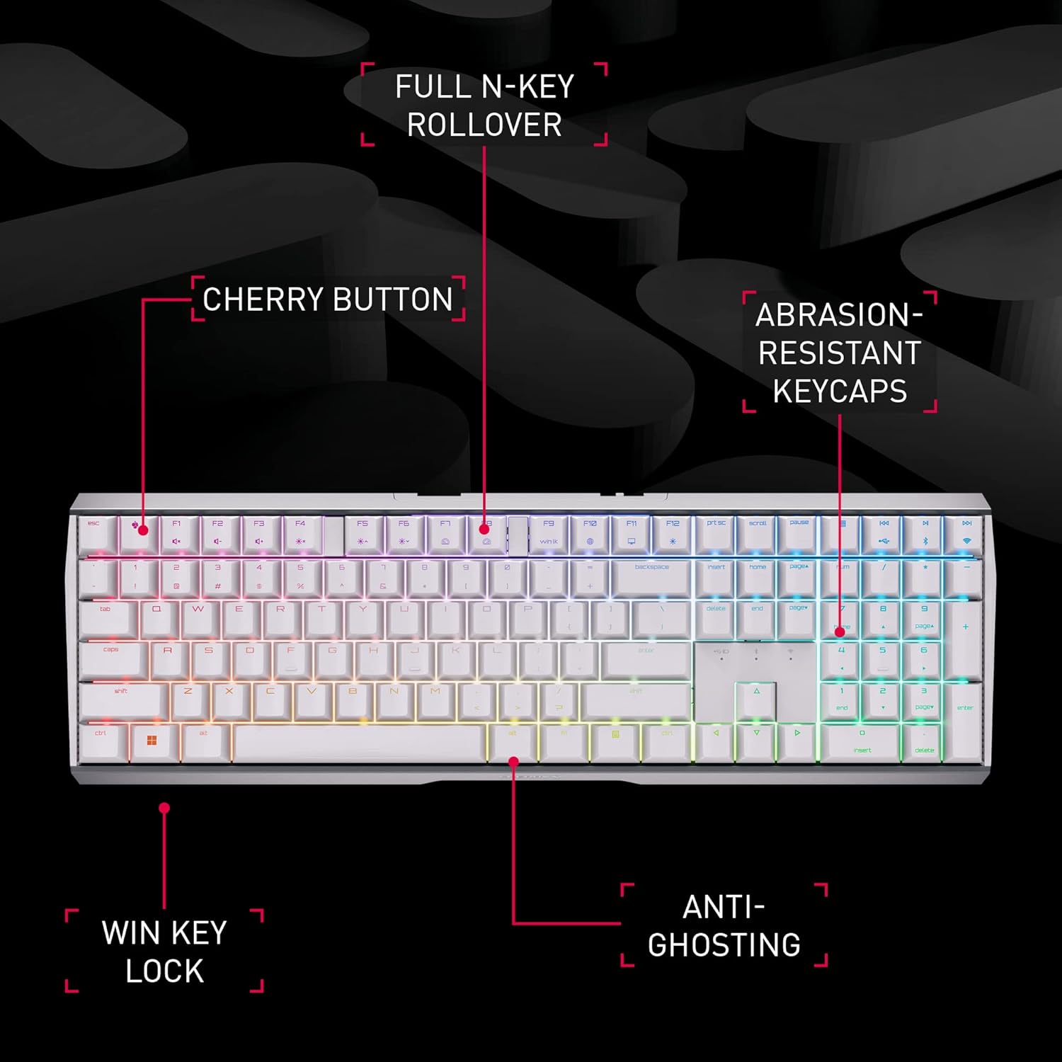 Cherry MX 3.0S Wireless Mechanical Gaming Keyboard. Aluminum Housing Built for Gamers w/MX Brown or Red Switches. RGB Backlit Color Display Over 16m Colors. (White w/MX Brown Switches) - Image 4