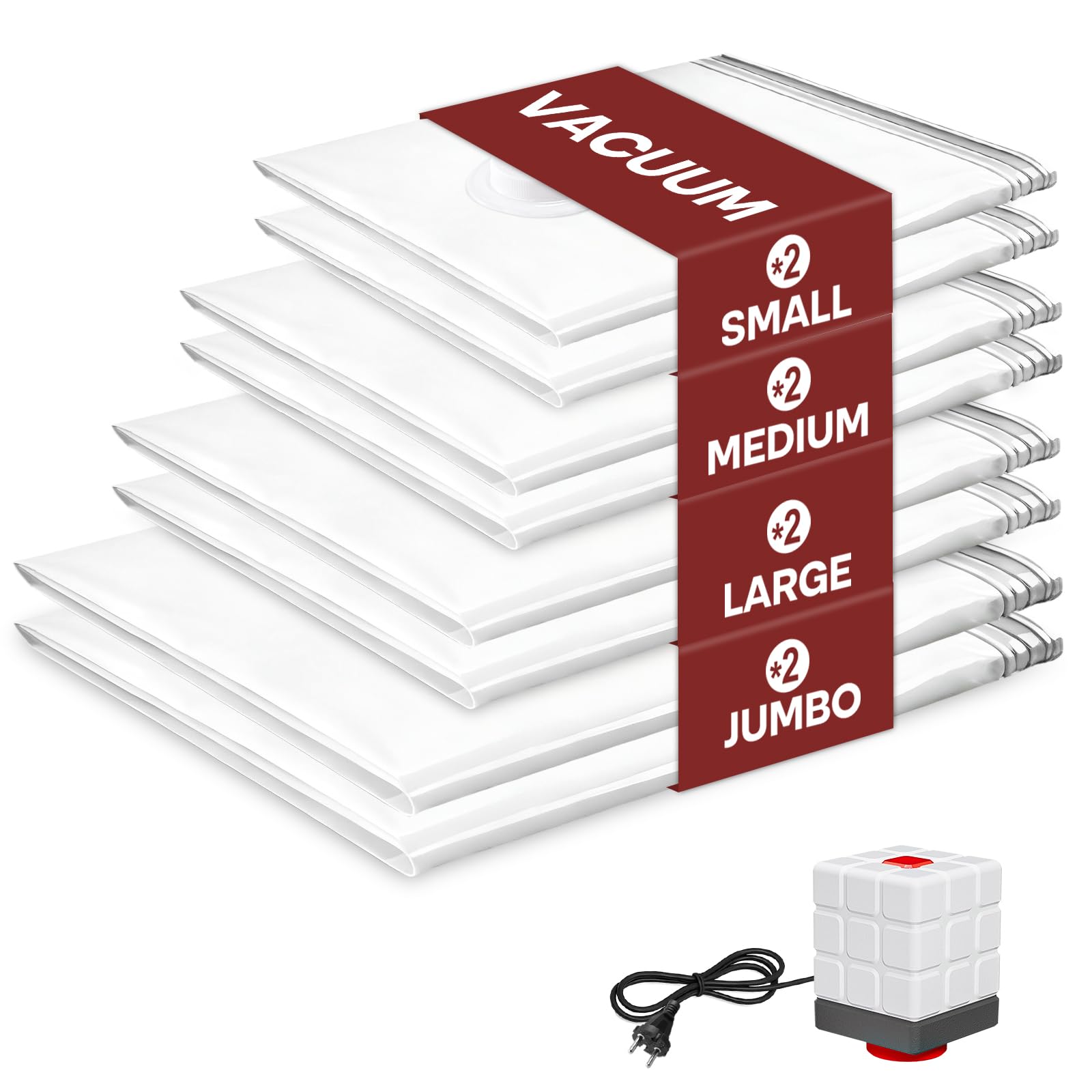 Vacbird Vakuumbeutel für Kleidung mit Elektrischer Luftpumpe, 8er Pack (2klein/2mittel/2groß/2Jumbo), Wiederverwendbar Vakuumbeutel für Bettdecken, Matratzen, Decken, Kissen, Bettwäsche, Umzug