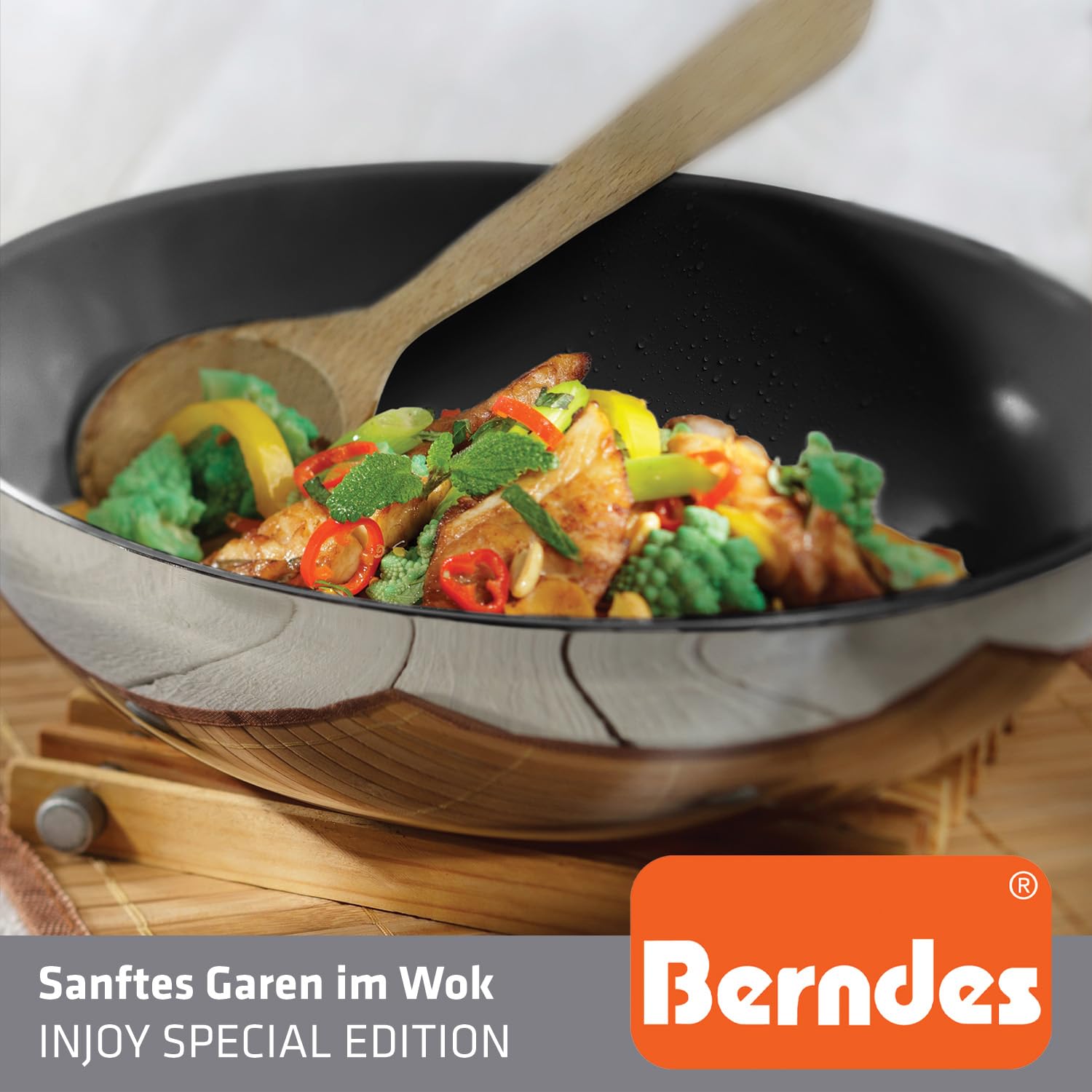 Berndes Stielwok Injoy Special Edition – Wokpfanne aus Edelstahl, Wok für Induktion, beschichtet, 28 cm