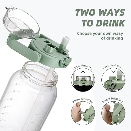 Miniatura 2 de Botella de agua de vidrio de 64 onzas con popote y manga, botella de agua motivacional de medio galón con marca de tiempo y correa de 2 litros a