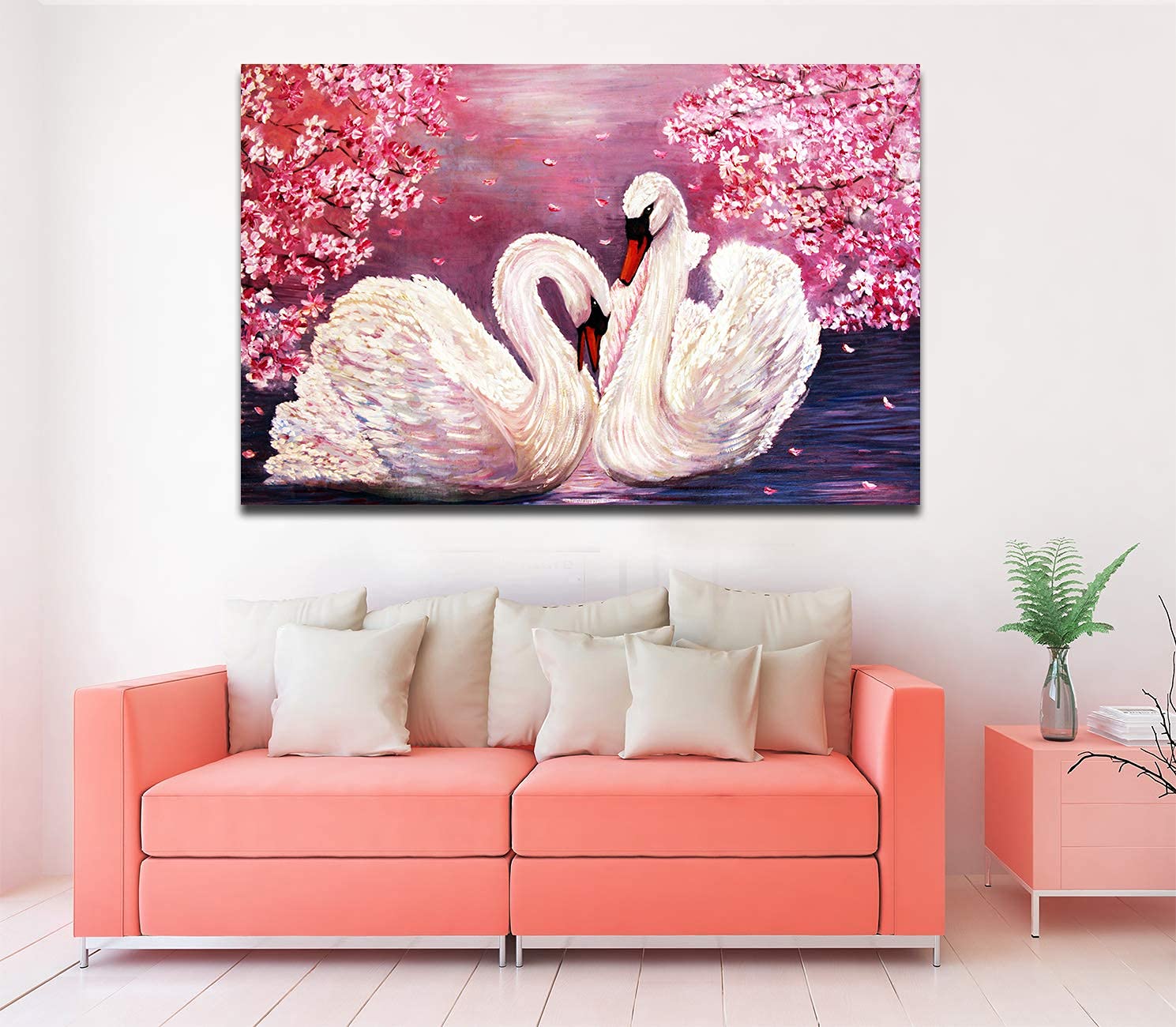 IMAGING CANVAS® Swan Pink Flowers | Wall Hanging Canvas Oil Painting | | Gift and Home/Office Decor | 22 inch x 34 inch