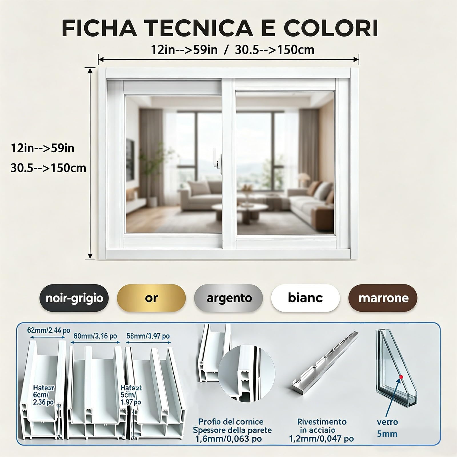 Finestra personalizzata, 12-59in，finestra scorrevole in PVC con vetro 5mm trasparente/smerigliato, doppio vetro opzionale, modello bianco di ricambio per bagno,cucine e altre stanze.