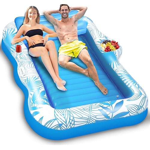 83"x63" Extra Large Inflatable Tanning Pool Float Lounger,2-Person Pool Float Adults with Backrest,Cup & Food Holder Tanning Bed Pool Raft Floatie Blow up Summer Beach Pool Party(Extra Large & Blue)