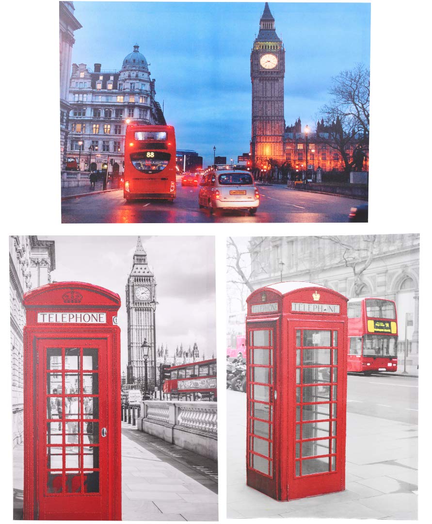 Toyland Grey,Red 3 Assorted Designs 70 X 50 Cm Red Glitter Canvas' Each Showing A Different London Scene