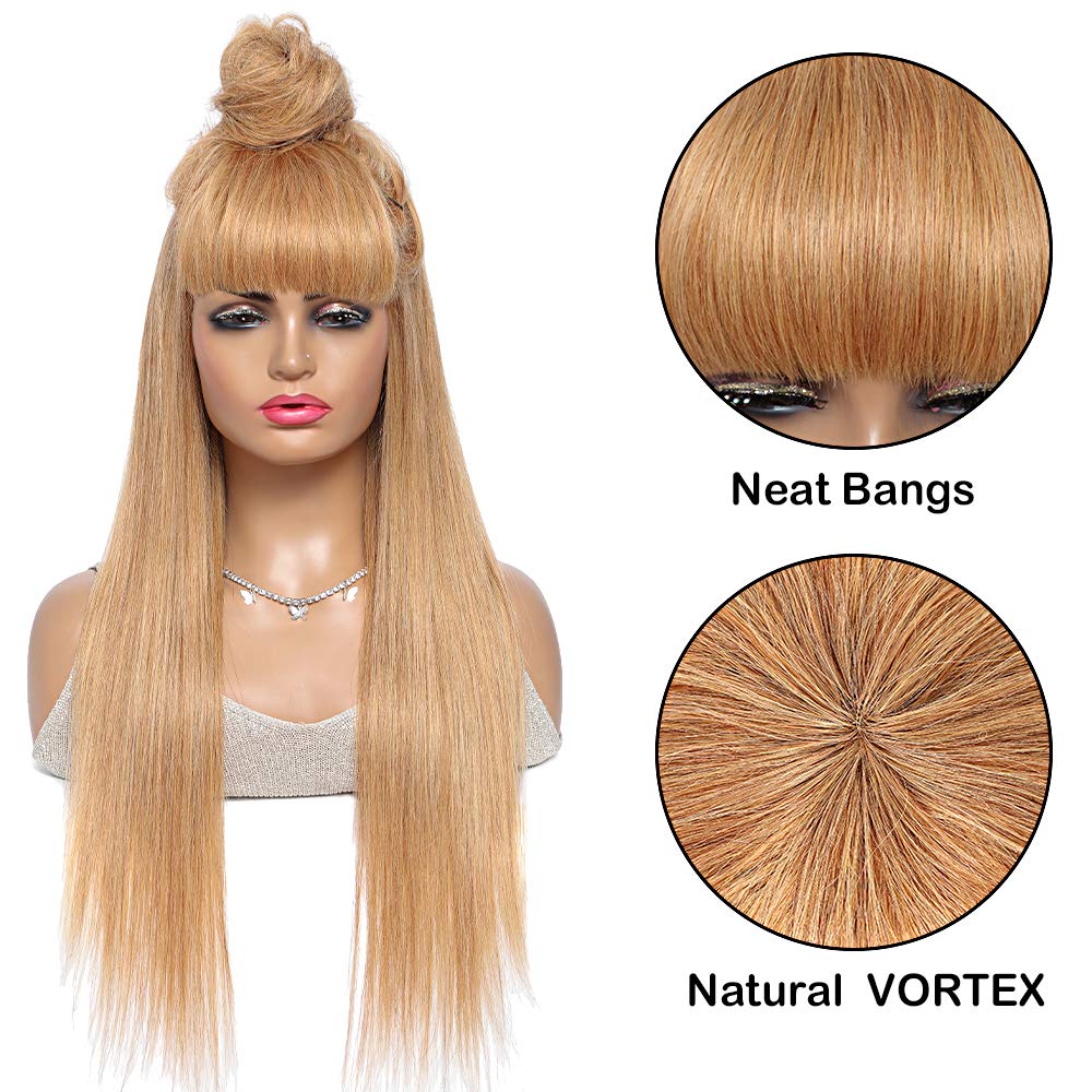 KEMY Honey Blond Human Hair Wigs with Bangs Brazilian Straight Virgin Hair Gold Wig Glueless None Lace Wigs for Women (18 Inches, 27 Bangs Wig)