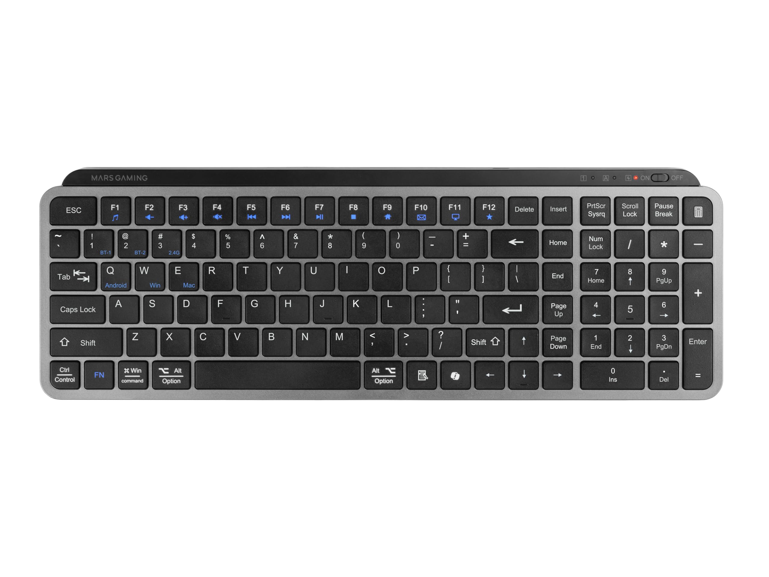 Mars Gaming MK-SILENKEYS, Bezprzewodowa Kompaktowa Klawiatura Pełnowymiarowa, Niski Profil, Ciche Przełączniki Nożycowe, Copilot AI, Bluetooth 5.1 Dual + 2.4GPRO, 200h, PC/Mac, Angielski US, Czarny