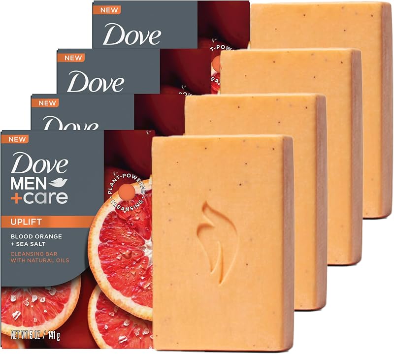 DOVE MEN Cleansing Bar Soap Blood Orange + Sea Salt 4 Bars 5 oz | To Rebuild Skin in the Shower, a 4in1 Hair, Body, Face & Shaving Bar with Plant-Based Cleanser and Natural Oils