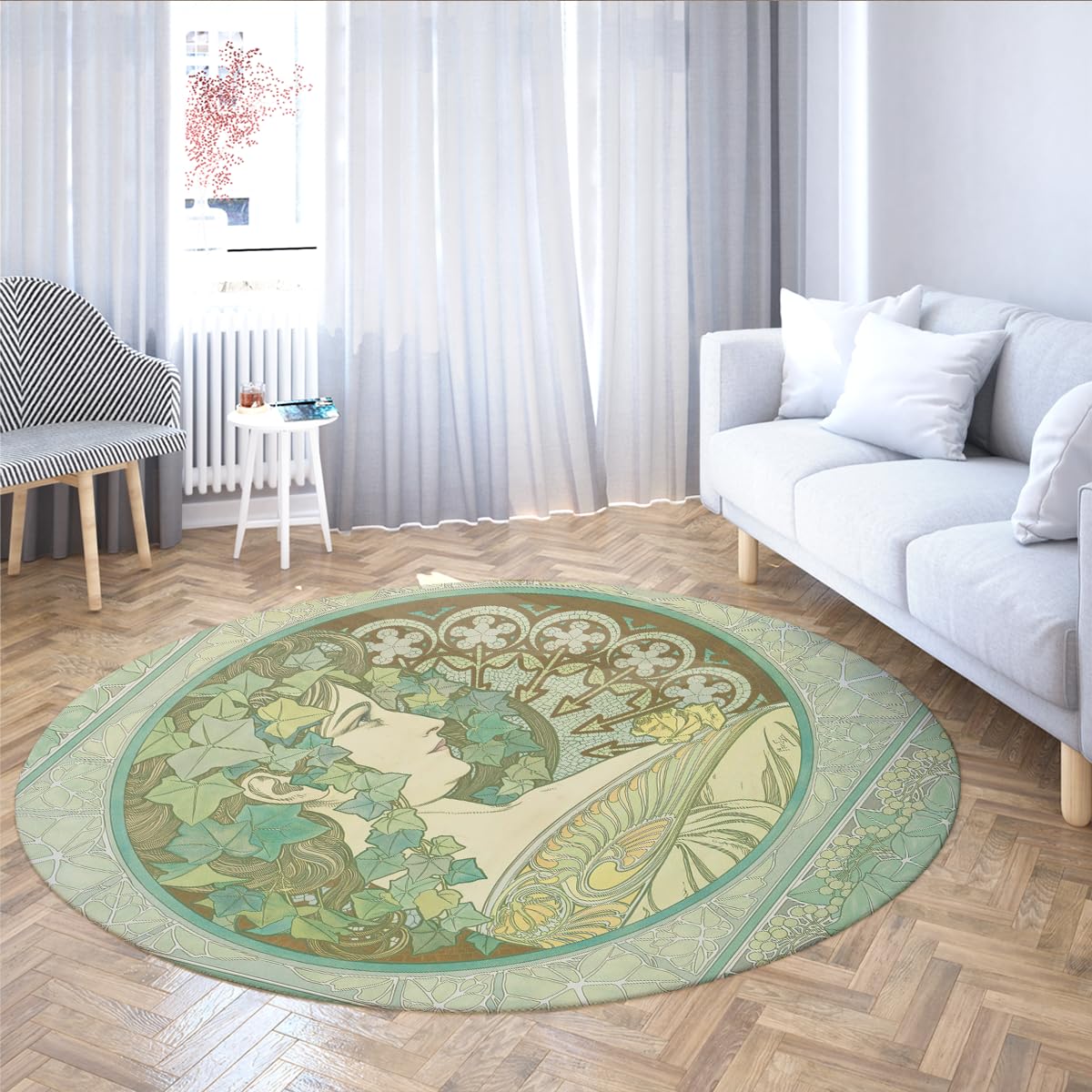 Runder waschbarer Teppich grüne Kreisteppiche Wohnzimmer 90cm | Rutschfester fleckenbeständiger dünner Vintage-Blumenteppich für Schlafzimmer, Esszimmer, Büro, Kinderzimmer, Eingangsbereich
