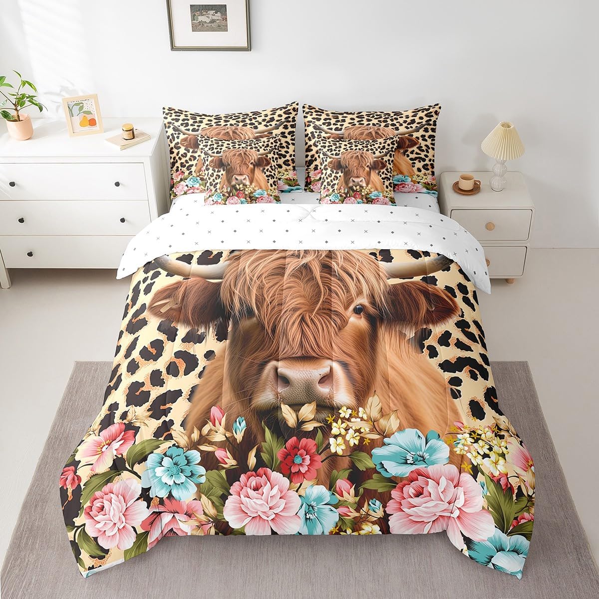 Erosebridal Brown Highland Cow Twin Comforter Set 7 Piece Bull Cattle Bedding Set Western Farmhouse Animal Bed in A Bag Rustic Floral Leopard Print Bed Set with Sheet Set and Pillow Cover