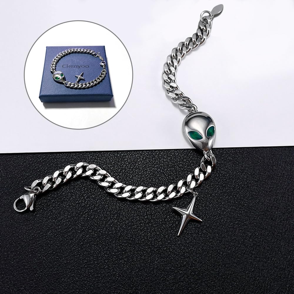 Pulsera de acero inoxidable con dije de cruz de alienígena, pulsera de cadena de eslabones cubanos para hombres y mujeres, con caja de regalo, Grande, Acero inoxidable, No es una piedra preciosa 6