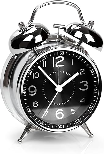 Reloj despertador súper ruidoso para adultos que duermen pesadamente, doble campana, retro, de 4 pulgadas, silencioso, sin tictac, de cuarzo con luz