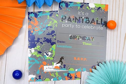 Miniatura 5 de Invitaciones para fiestas de cumpleaños con temática de paintball, 20 tarjetas de relleno de 5 x 7 pulgadas con veinte sobres blancos por
