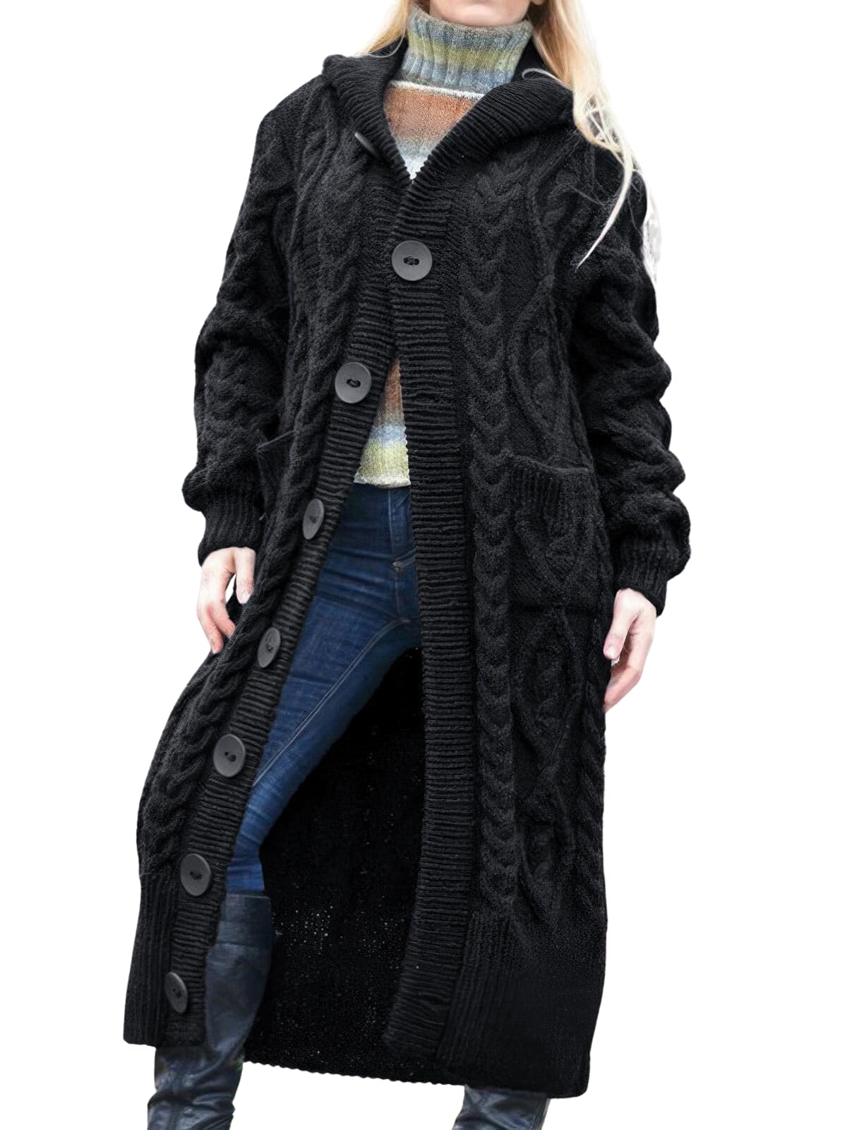 ebossy Womens Long Hooded Cardigan Button Up Casual Loose Twisted Ribbed Knit Sweater Winter Warm Trench Coat with