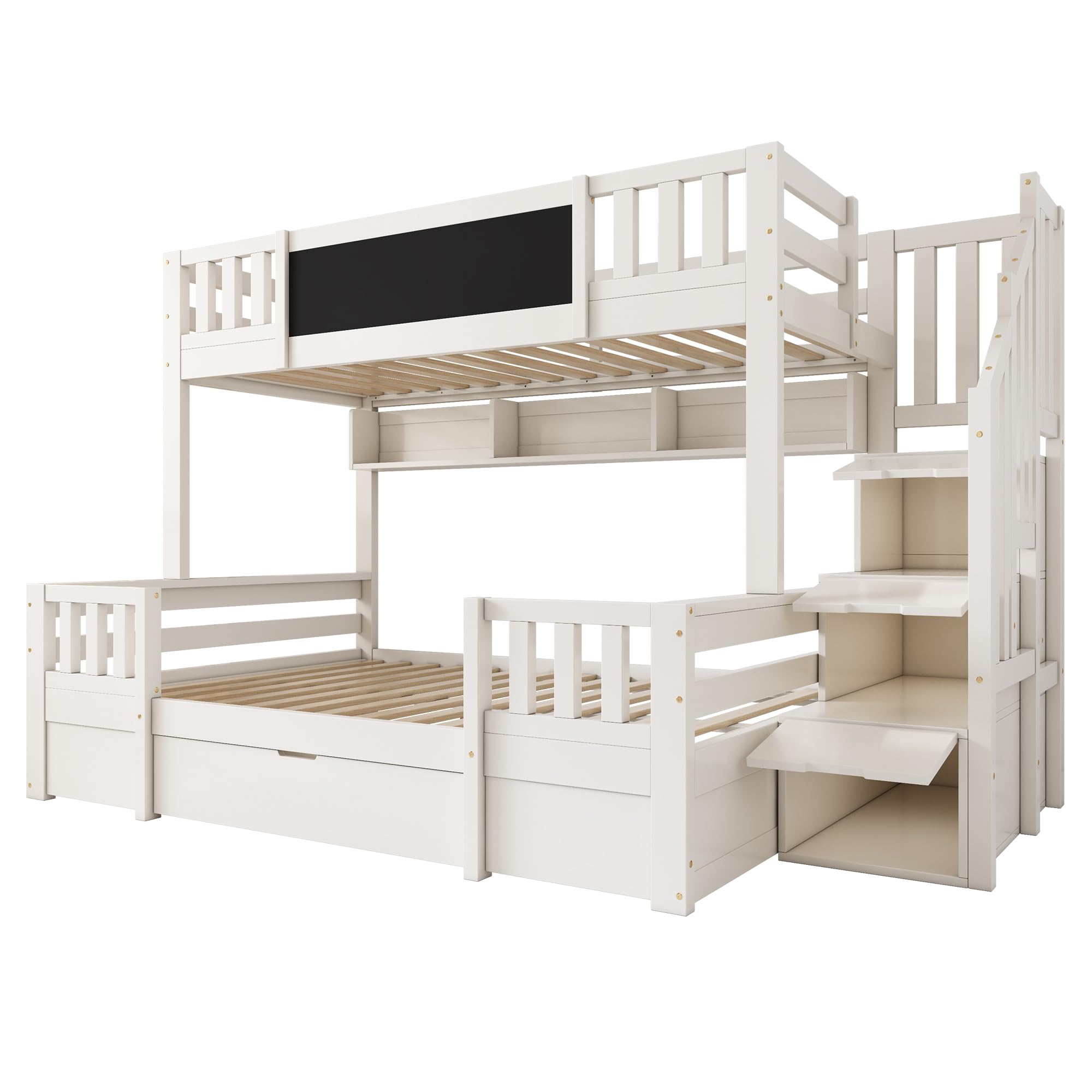 Etagenbett für 3 Kinder 90x200 & 140x200 aus Massivholz mit Kreidetafel, Stauraum-Treppe, 2 Schubladen und Leiterschrank, stabiles Hochbett/Stockbett Jugendbett (Weiß)