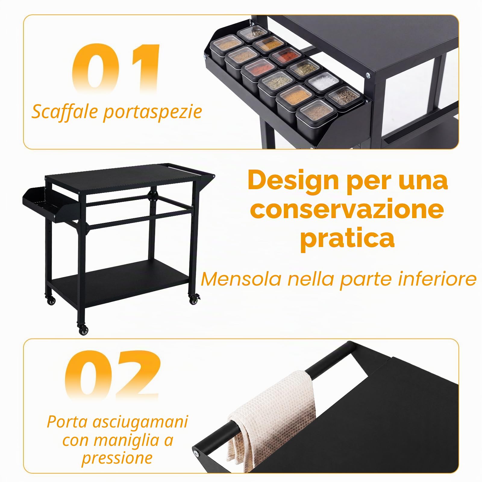 KOMFOTTEU Carrello per Barbecue a 2 livelli, Carrello da Giardino con Porta Asciugamani e Scaffale per Spezie, Desserte da Esterno, 4 Rotelle, per Giardino e Terrazza, 100 x 45 x 80 cm, Nero