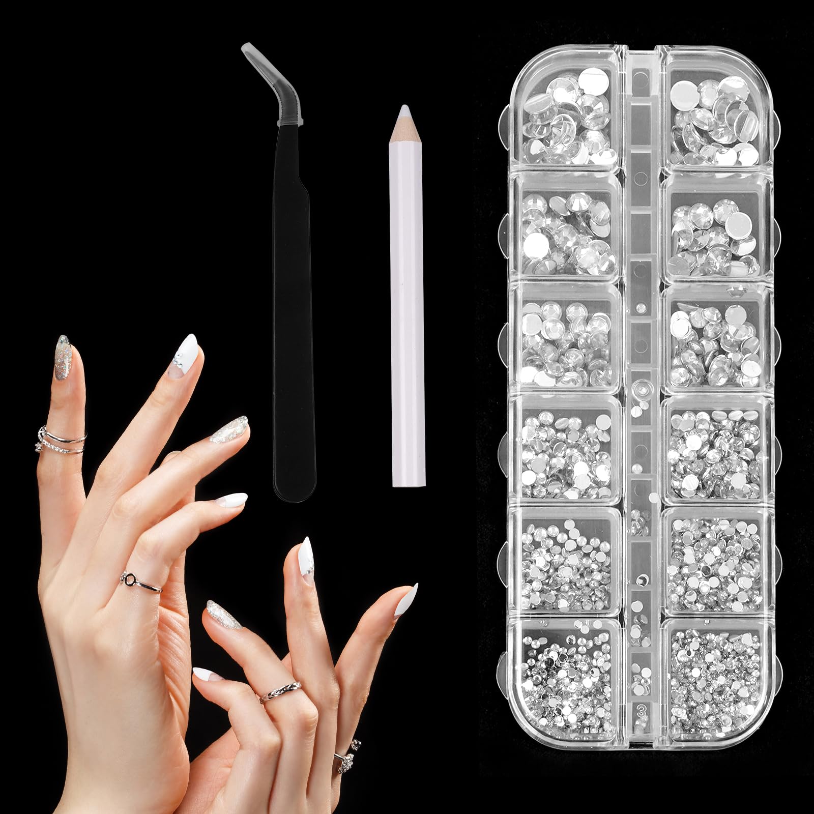 Clear Crystal Rhinestones Flat Back Rhinestones for Nail with Tweezers and Wax Pencil Nail Art Tools for Nail