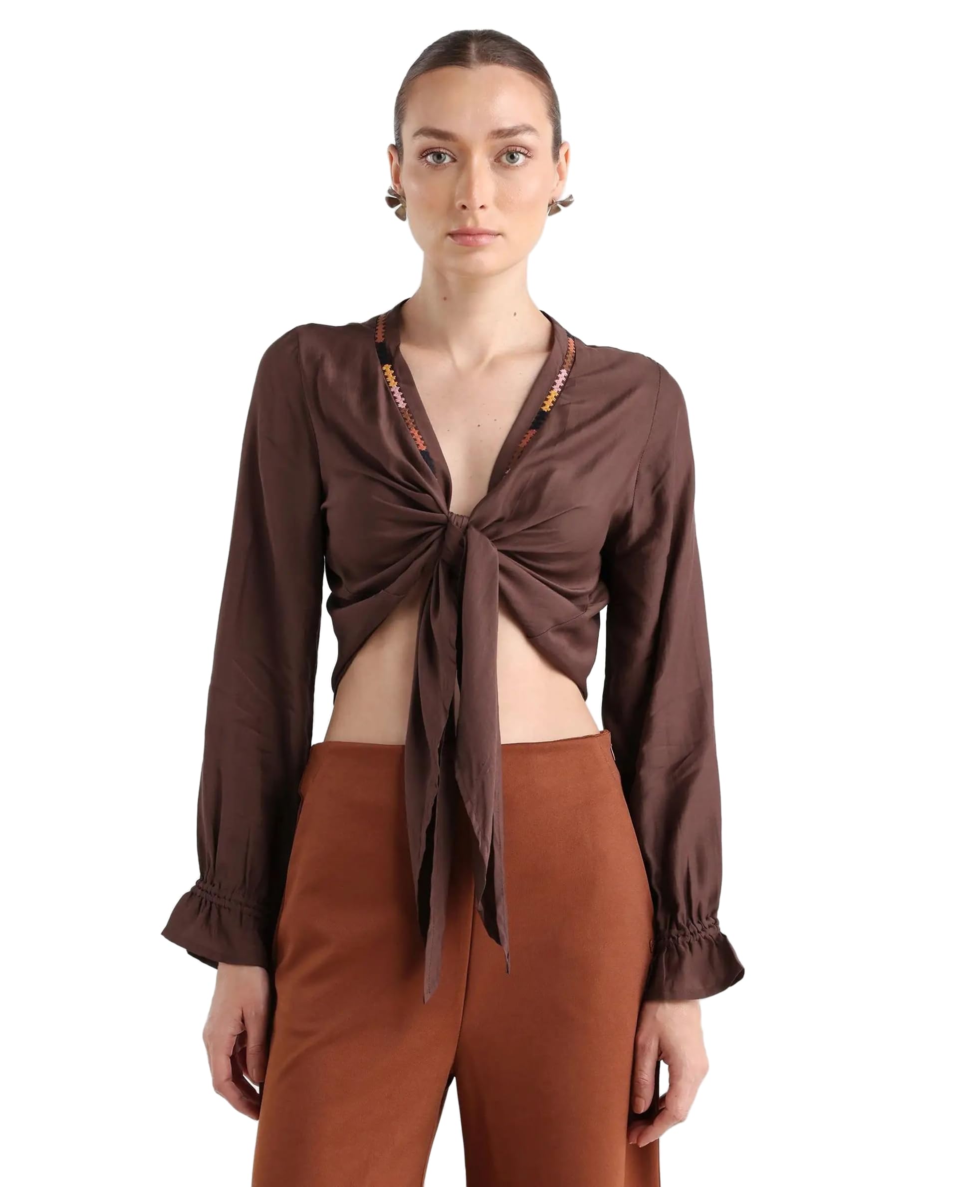 rareism Regular Solid Brown Viscose Blend Collarless Long Sleeve Shrug-picture-13