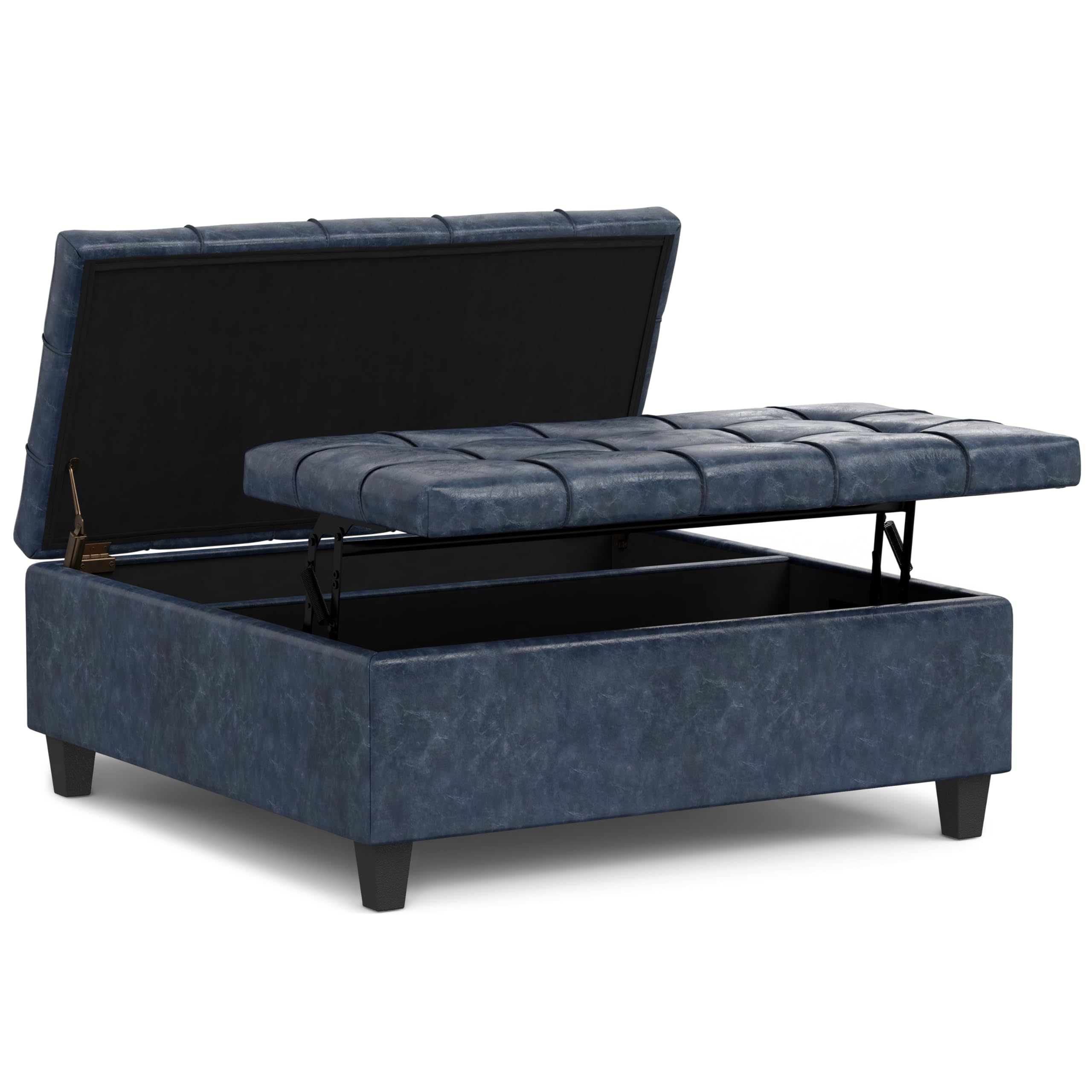 SIMPLIHOME Harrison 40 inch Wide Transitional Square Large Coffee Table Storage Ottoman in Denim Blue Vegan Faux Leather, Assembled, for The Living Room and Bedroom