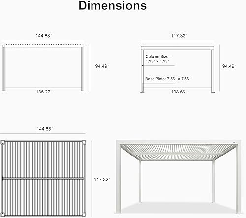 Miniatura 8 de PURPLE LEAF Pérgola de aluminio blanco de 10 x 14 pies para exteriores, pérgola moderna con 2 techos rígidos ajustables independientemente a prueba