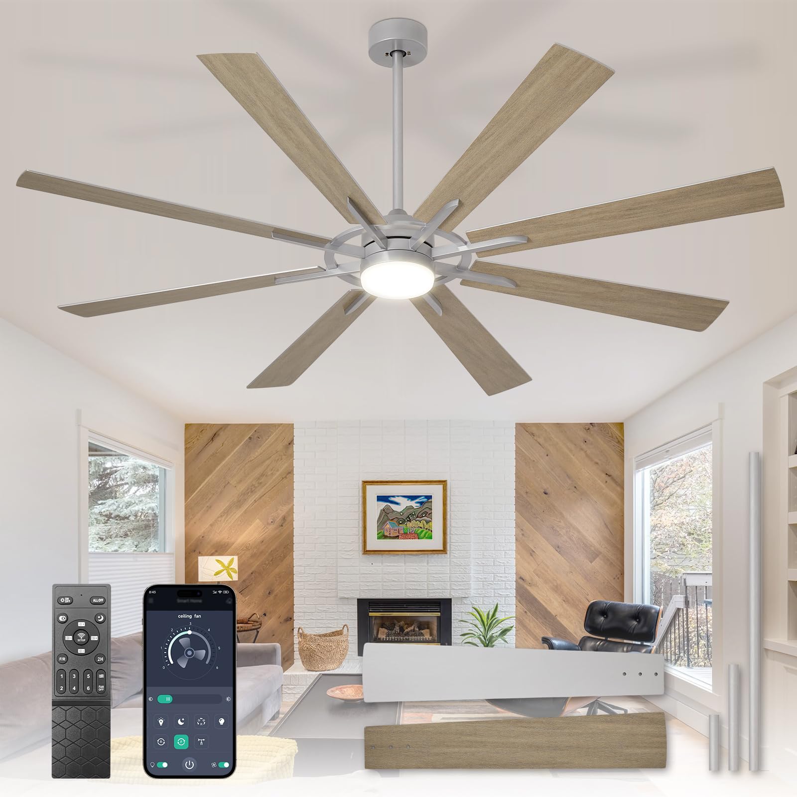 Depuley Large Ceiling Fans with Lights: Modern 72 Inch 8 Blade Outdoor Ceiling Fan with Remote APP Control - Dimmable Wood Big Fan Light Indoor Reversible 6 Speed Quiet DC Motor