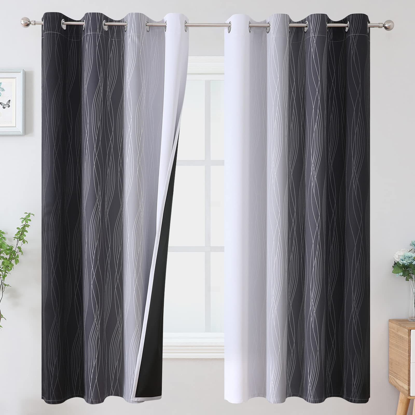 Estelar Textiler Ombre Greyish White Black Blackout Curtains &amp; Drapes 63 Inch Length 2 Panels for Bedroom, Thermal Insulated Full Light Blocking Grommet Blackout Drapes for Kids Room, 52Wx63L, Adult
