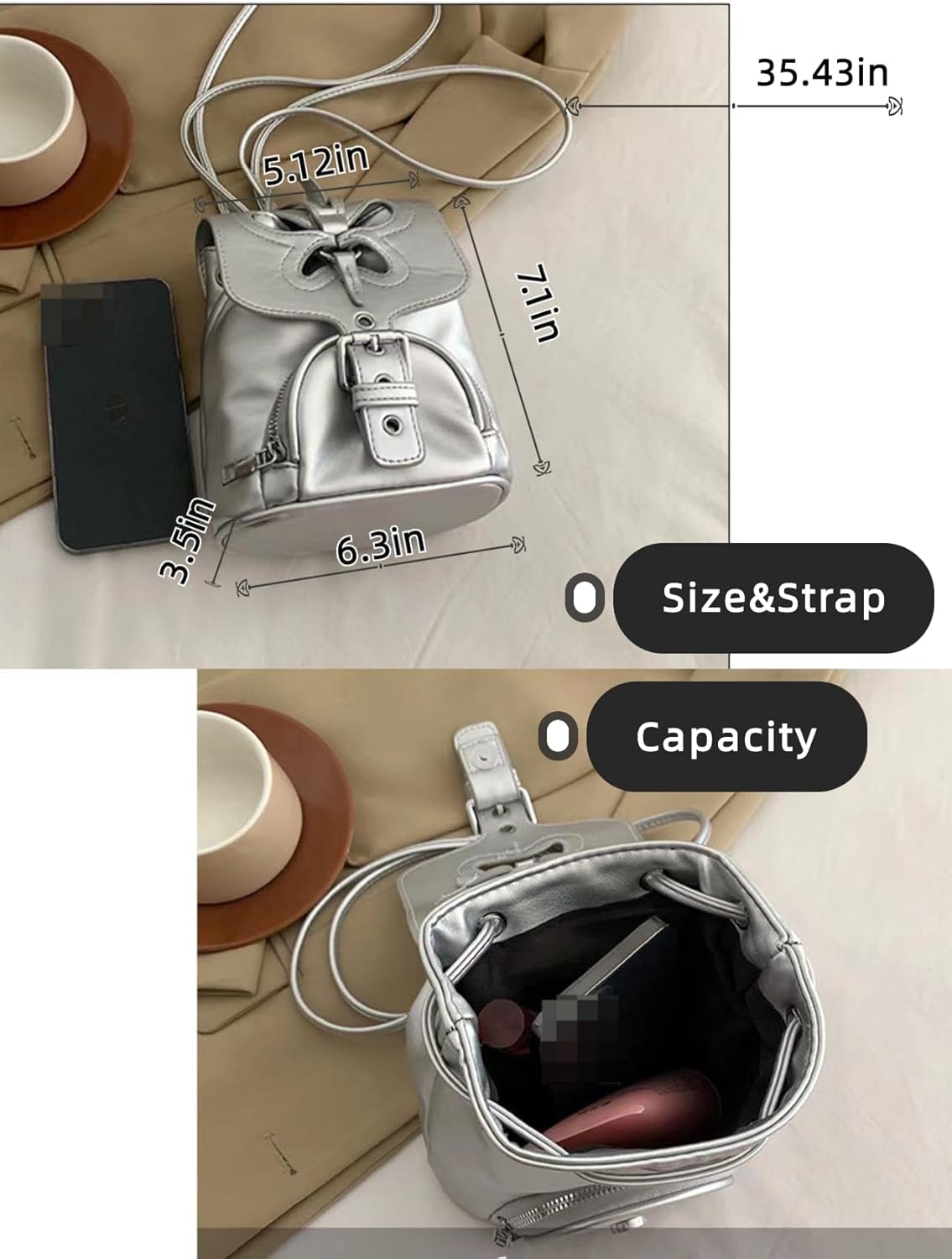 バックパック・リュック NOIAGO Eco Leather Flip Backpack Silver Grey Leather Mini Backpack With Chain.women's Bag With