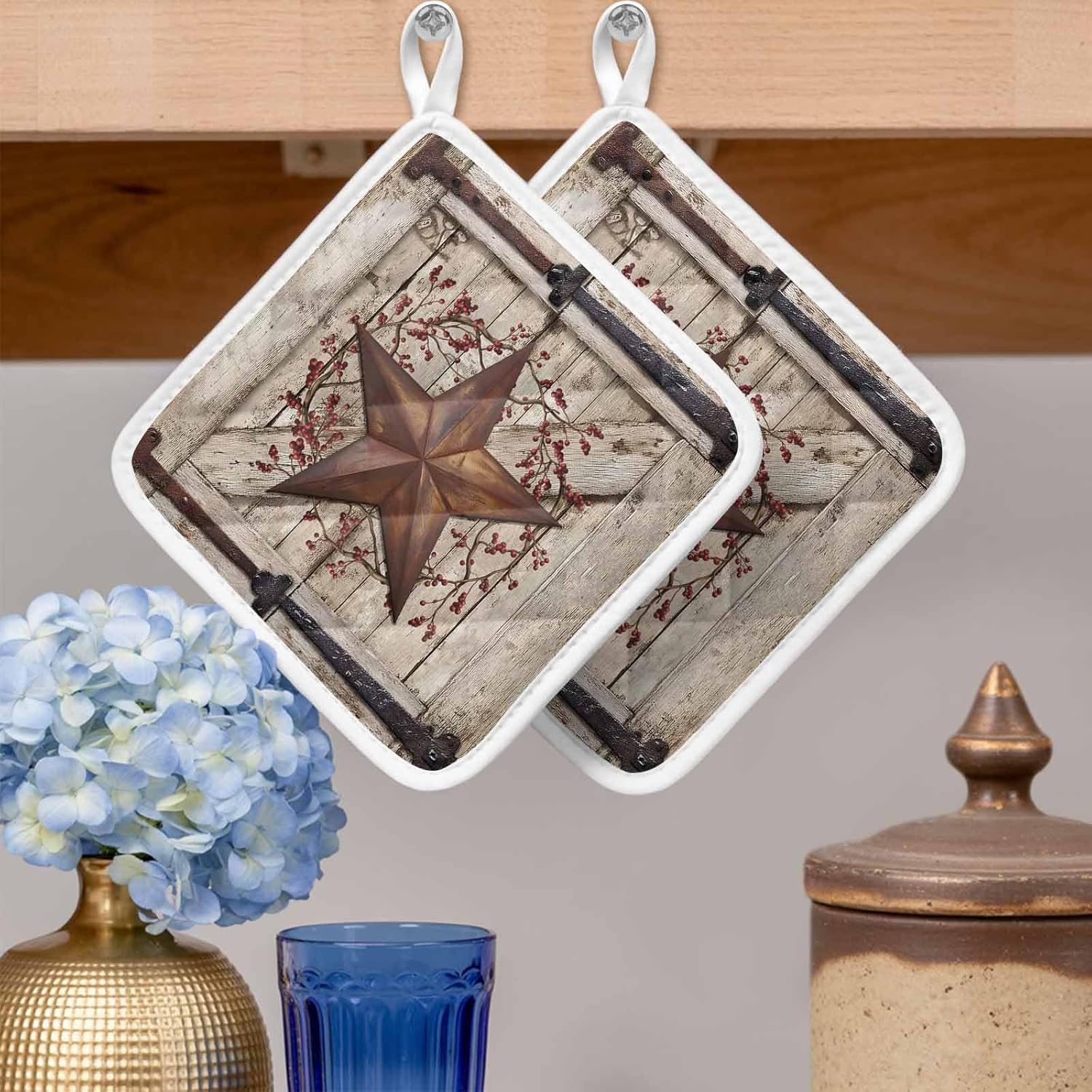 Texas Star Retro Pot Holders for Kitchen Heatproof Potholder, 5 Pack Brown Beige Wooden Berry Vintage Hot Pads Multipurpose Oven Pads Cloth Potholders Trivet for Cooking Baking