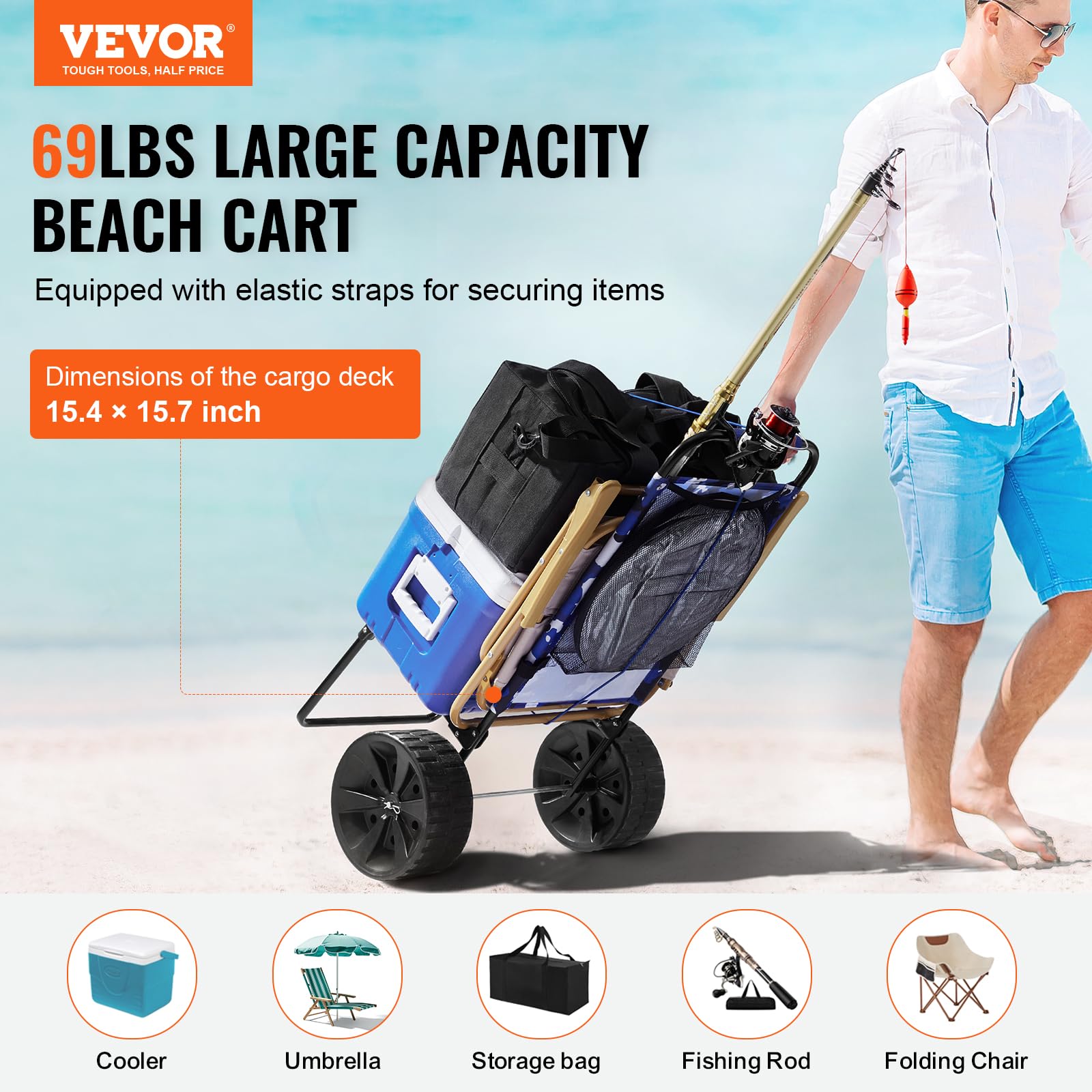 VEVOR Wózek plażowy z dużymi kółkami na piasek, 39 x 40 cm, z solidnymi kołami PE 25 cm, nośność 31 kg, składany wózek na piasek, wytrzymały wózek na piknik, kemping, wędkowanie, plażę, do ogrodnictwa