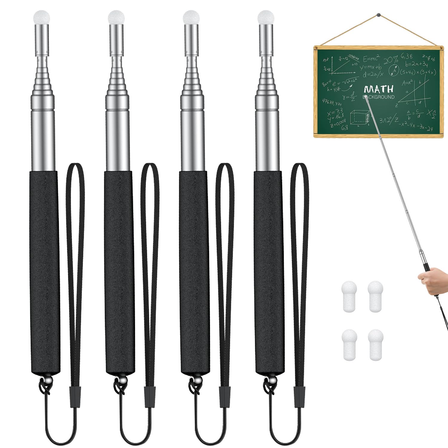 Uniclife 4 Pack Retractable Teacher Pointer Stick for Classroom Telescopic Whiteboard Pointer with Lanyards & Replacement Felt Heads Extendable Pointer for Teacher Coach Presenter Guide, up to 100cm