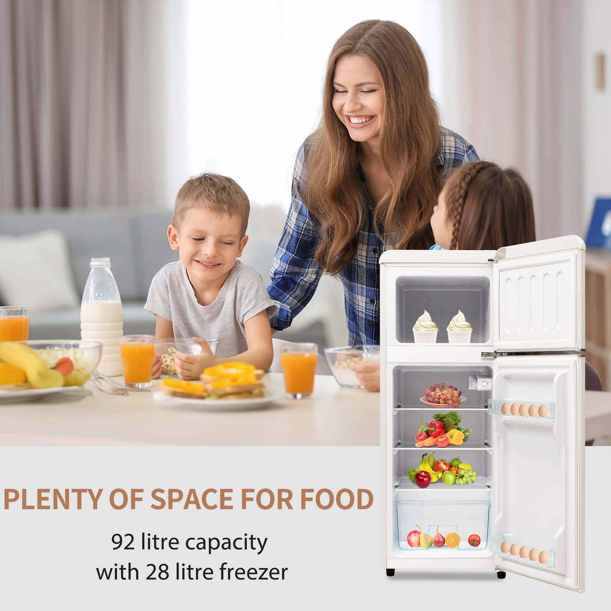 Merax Réfrigérateur à deux portes 92 litres - Congélateur 28 l - 105,5 cm de hauteur - LED - Étagères en verre réglables - 116 kWh/an - Silencieux 45 dB - Compact et économe en énergie - Pour cuisine