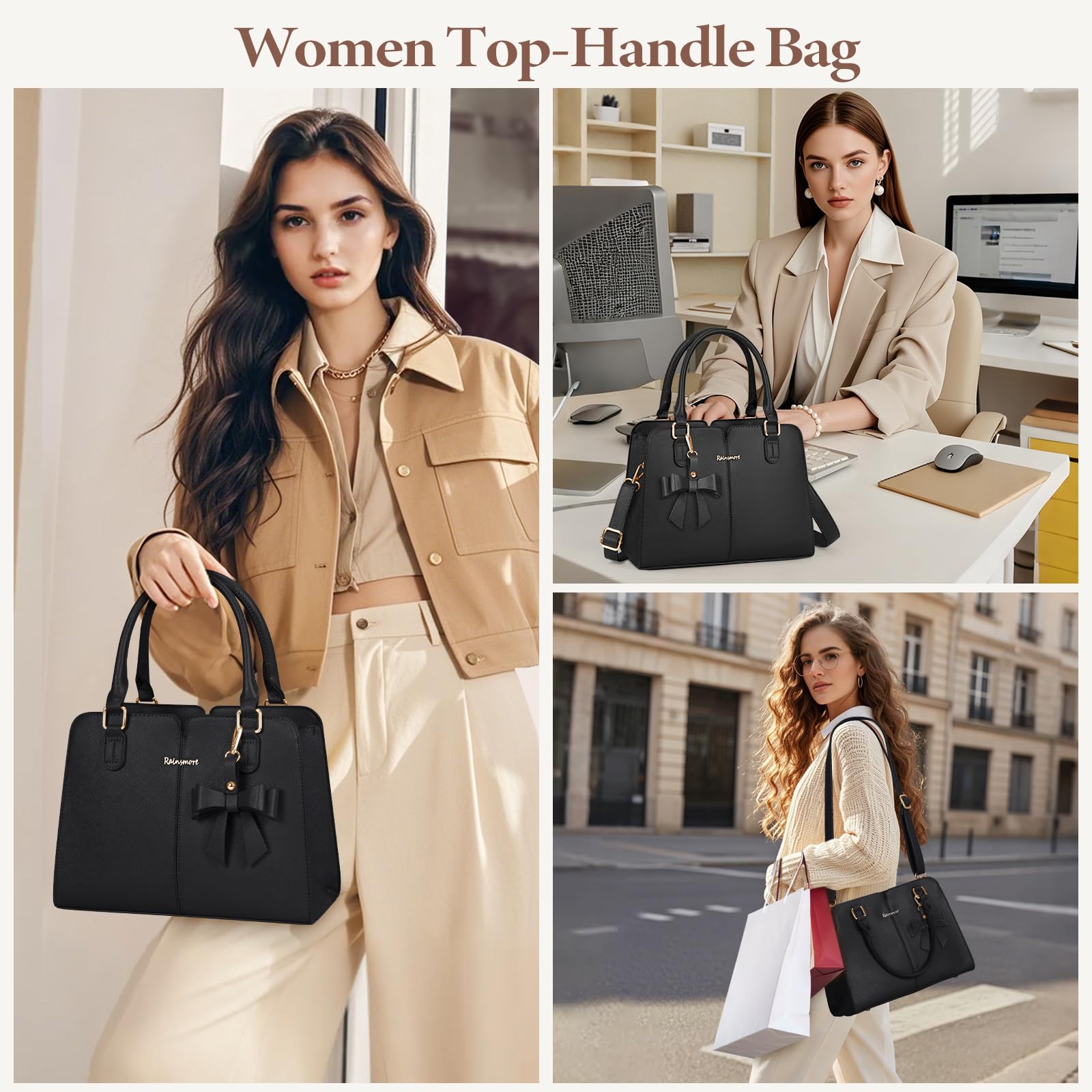 RAINSMORE Bolsos Mujer de Mano Cuero PU Impermeables Bolso Bandolera con Bolsillo Antirrobo Bolso de Hombro Universidad Tote Bag con Arco para Trabajo Compras Escuela