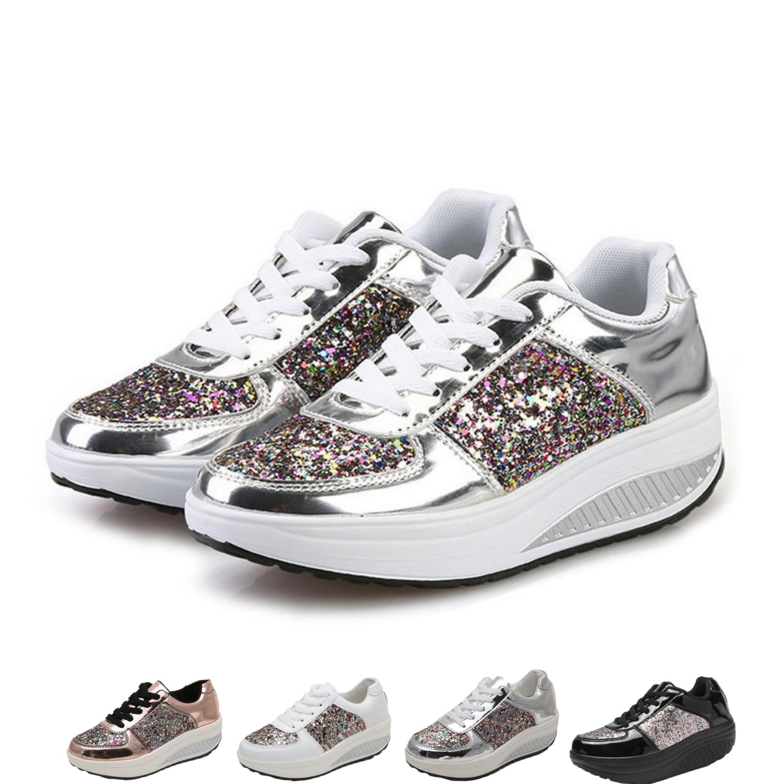 Scarpe da ginnastica da donna con zeppa glitterata, con lustrini, con lacci, eleganti, lucide, casual, per feste, festival, uso quotidiano