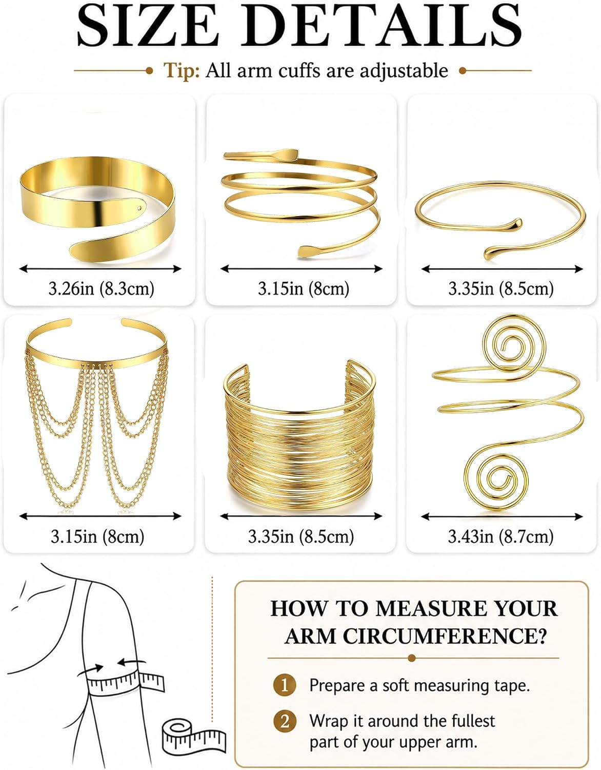 6PCS Gold Arm Cuff Bracelet Set, Adjustable Statement Upper Arm Jewelry