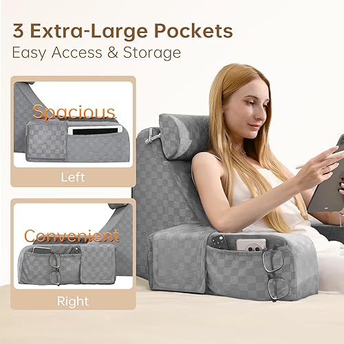 Miniatura 5 de Vekkia Almohada de lectura para adultos  Silla ergonómica de 45 con respaldo de cuña para sentarse en la cama, bolsillos laterales XL, perfecta para